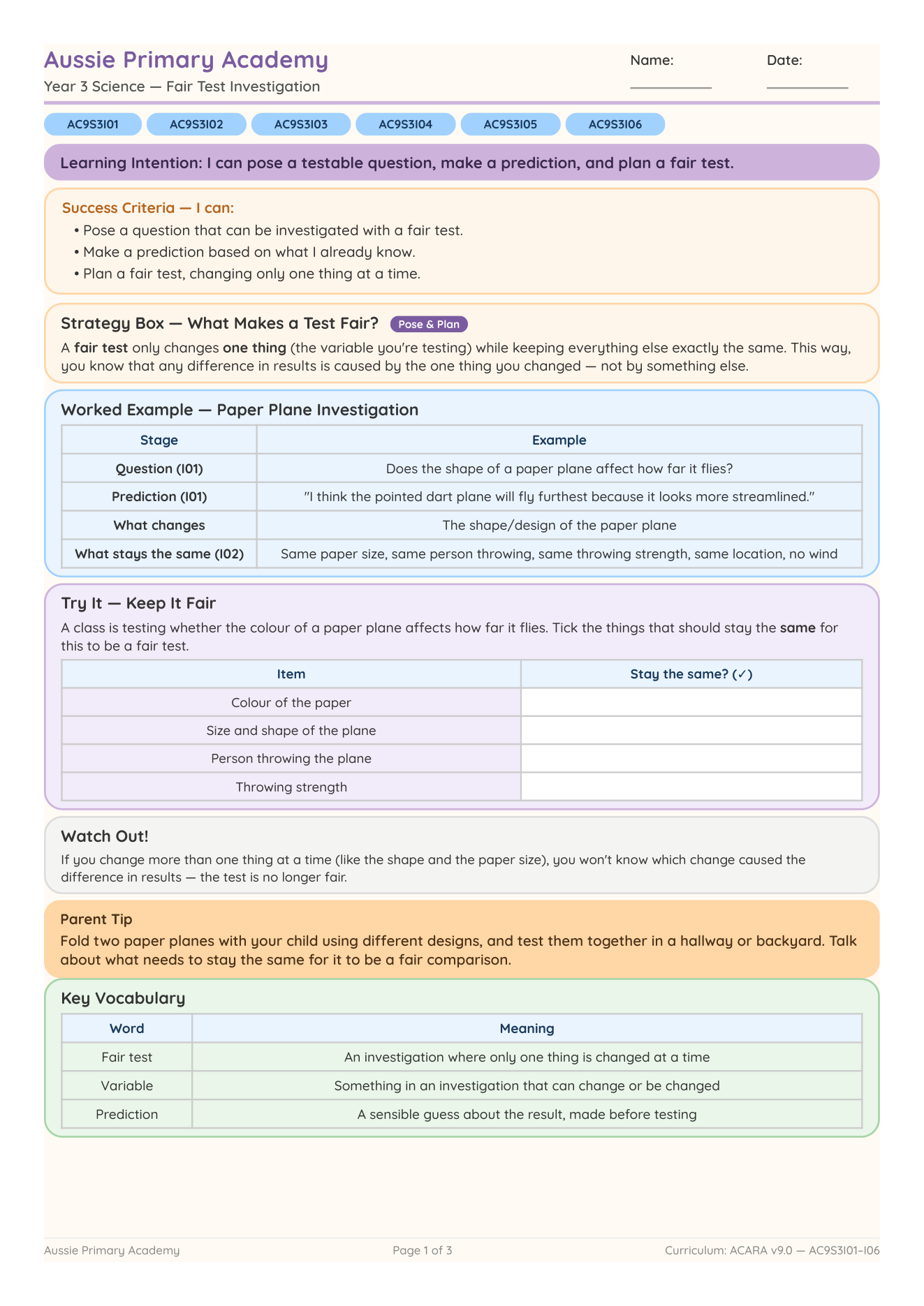 Fair Test Investigation Ac9S3I01 I06 worksheet preview