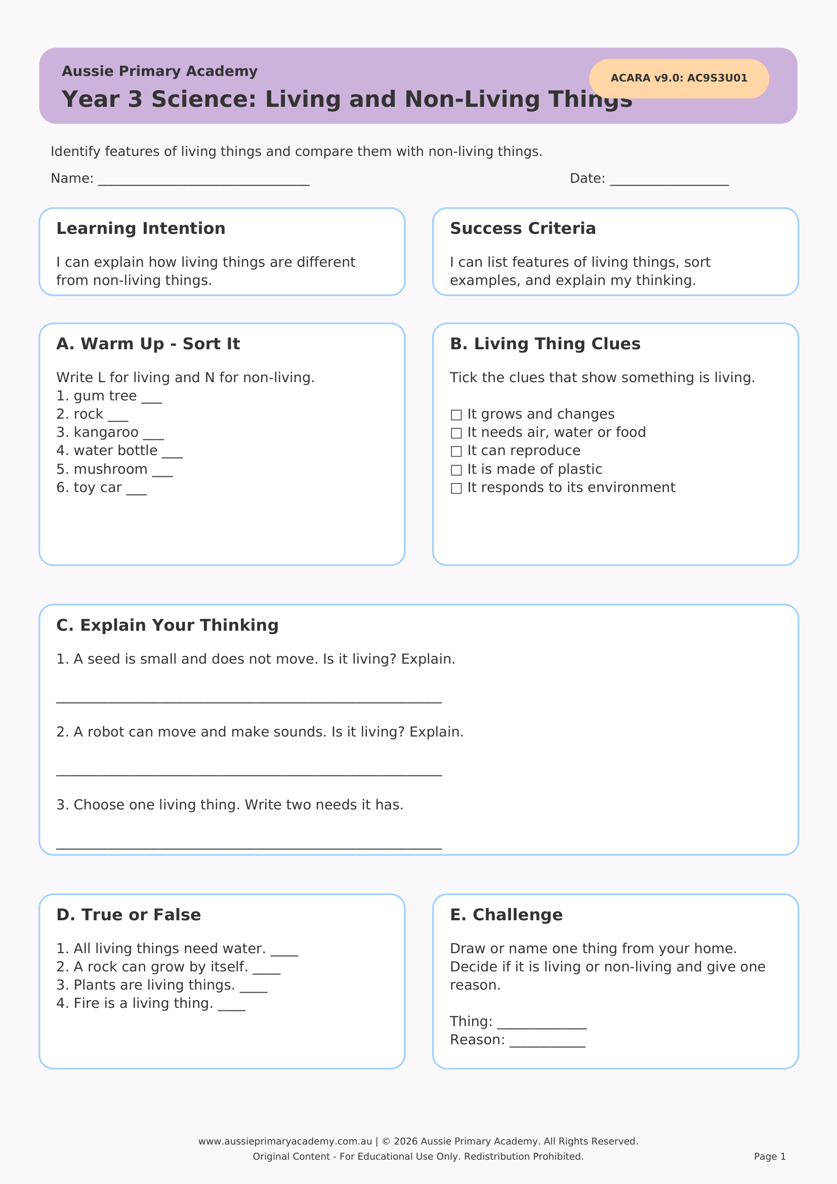 Year 3 Living and Non-Living Things Worksheet Preview