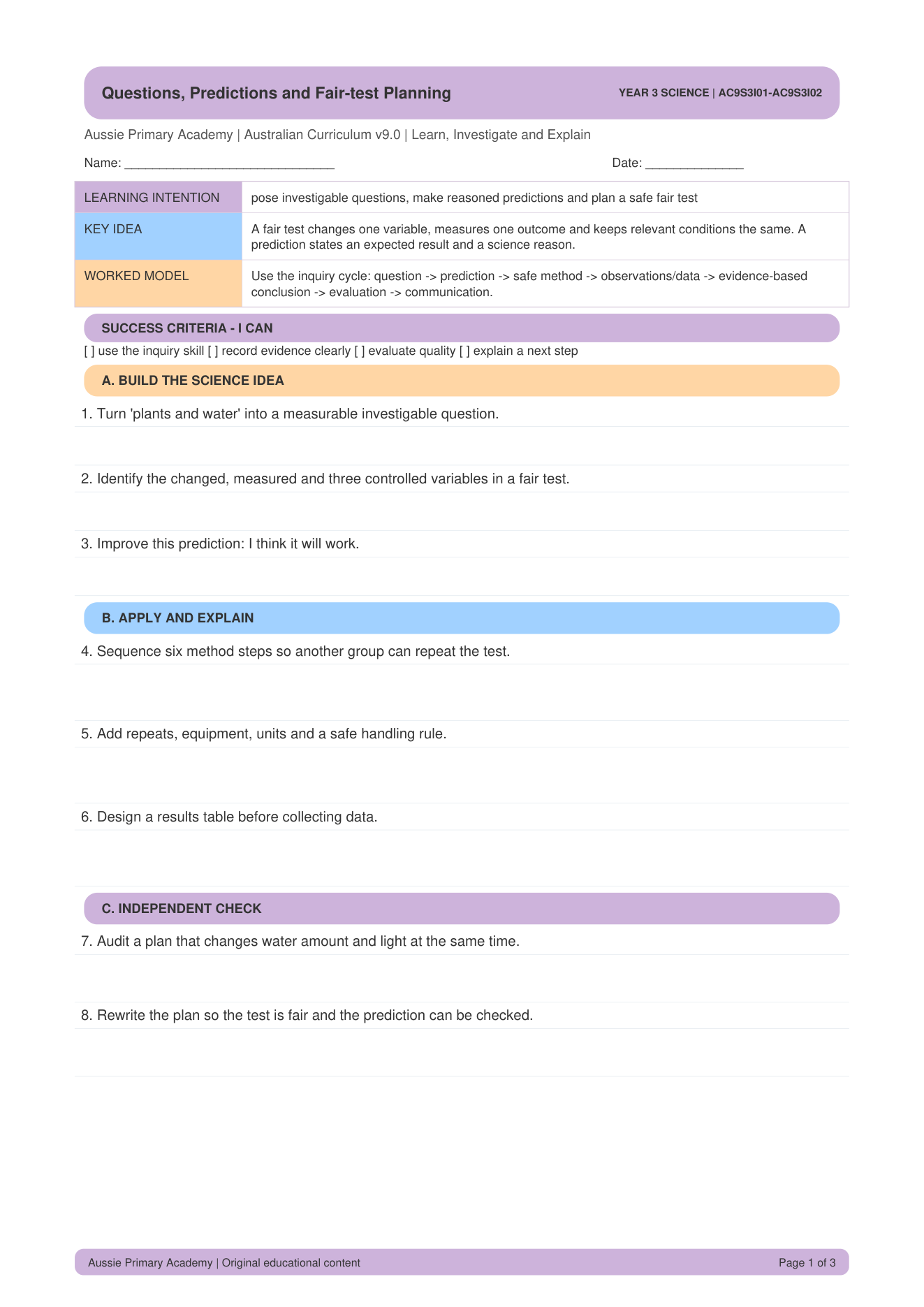 Questions Predictions And Fair Test Planning Ac9S3I01 worksheet preview