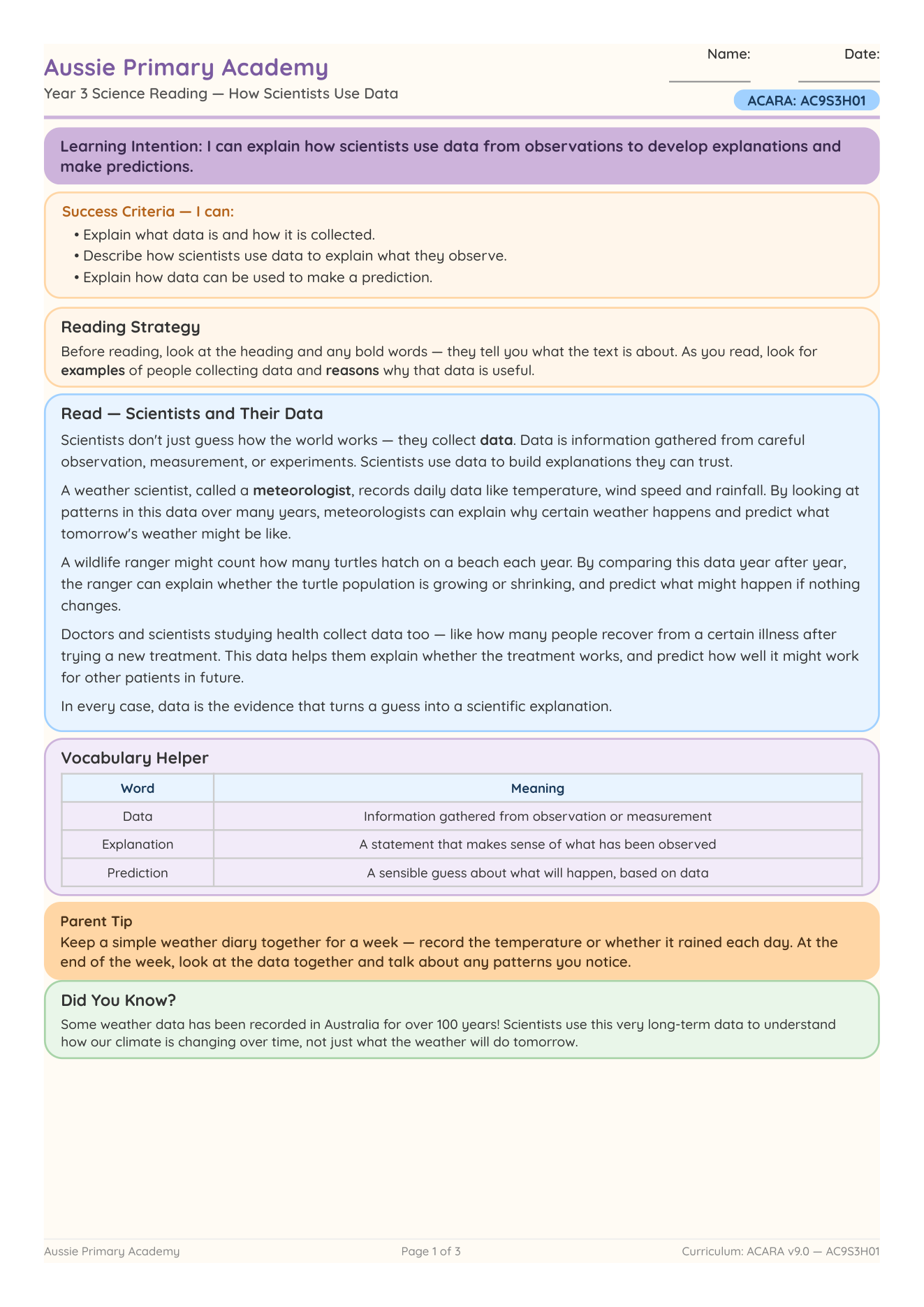 Reading How Scientists Use Data worksheet preview