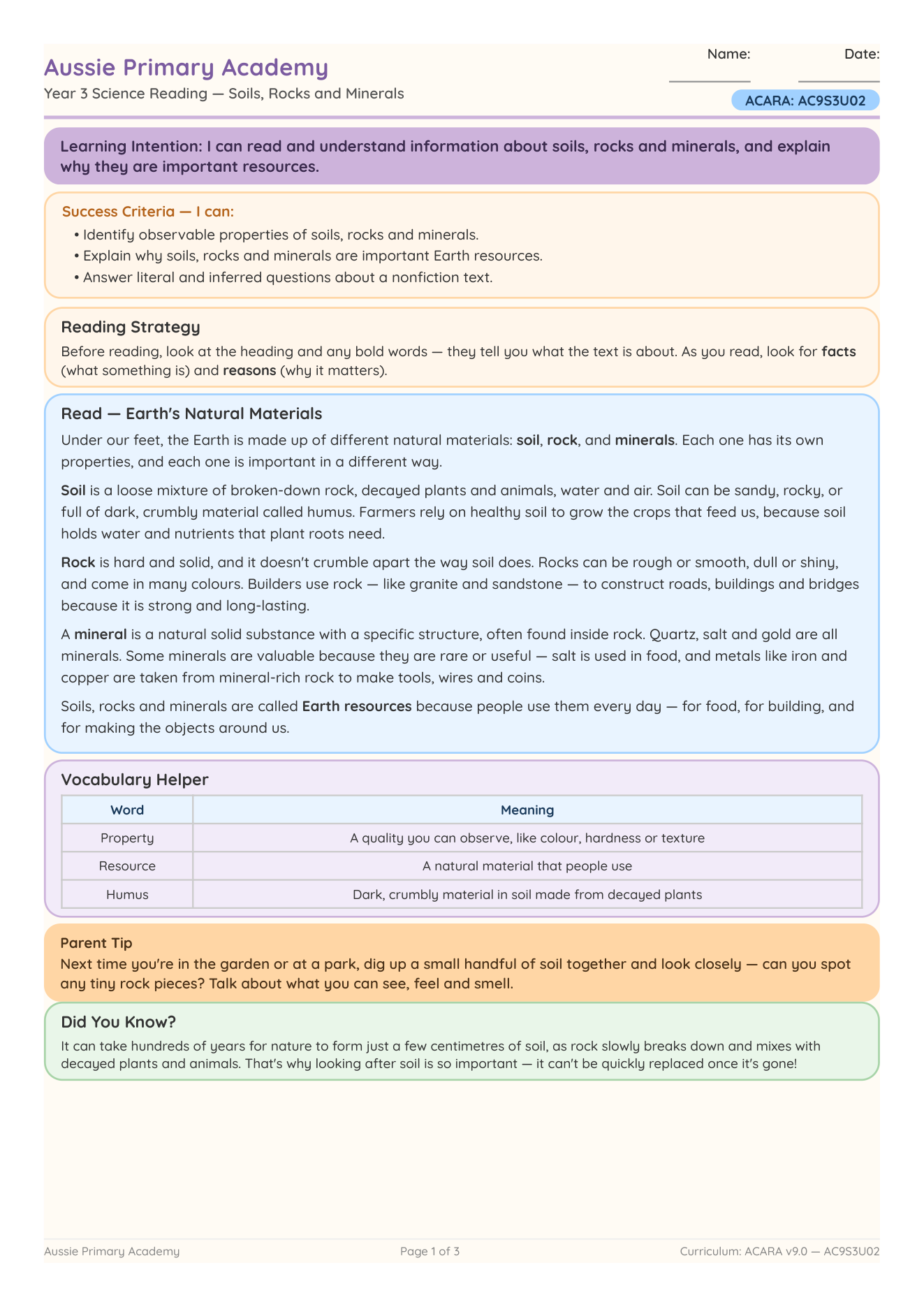 Reading Soils Rocks Minerals worksheet preview
