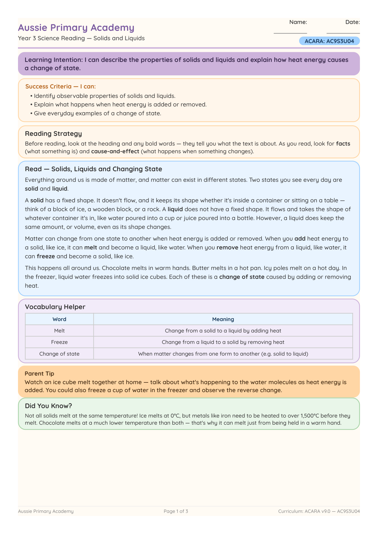 Reading Solids Liquids worksheet preview