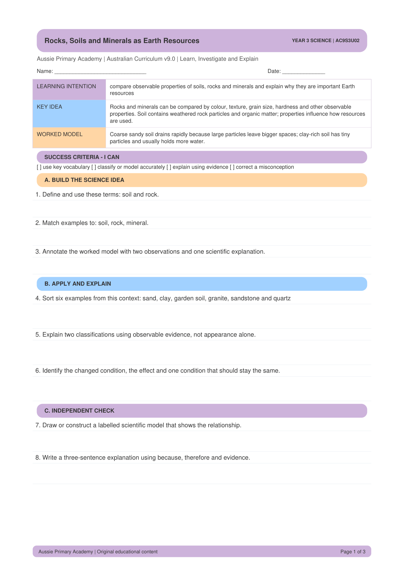 Rocks Soils Minerals Earth Resources worksheet preview