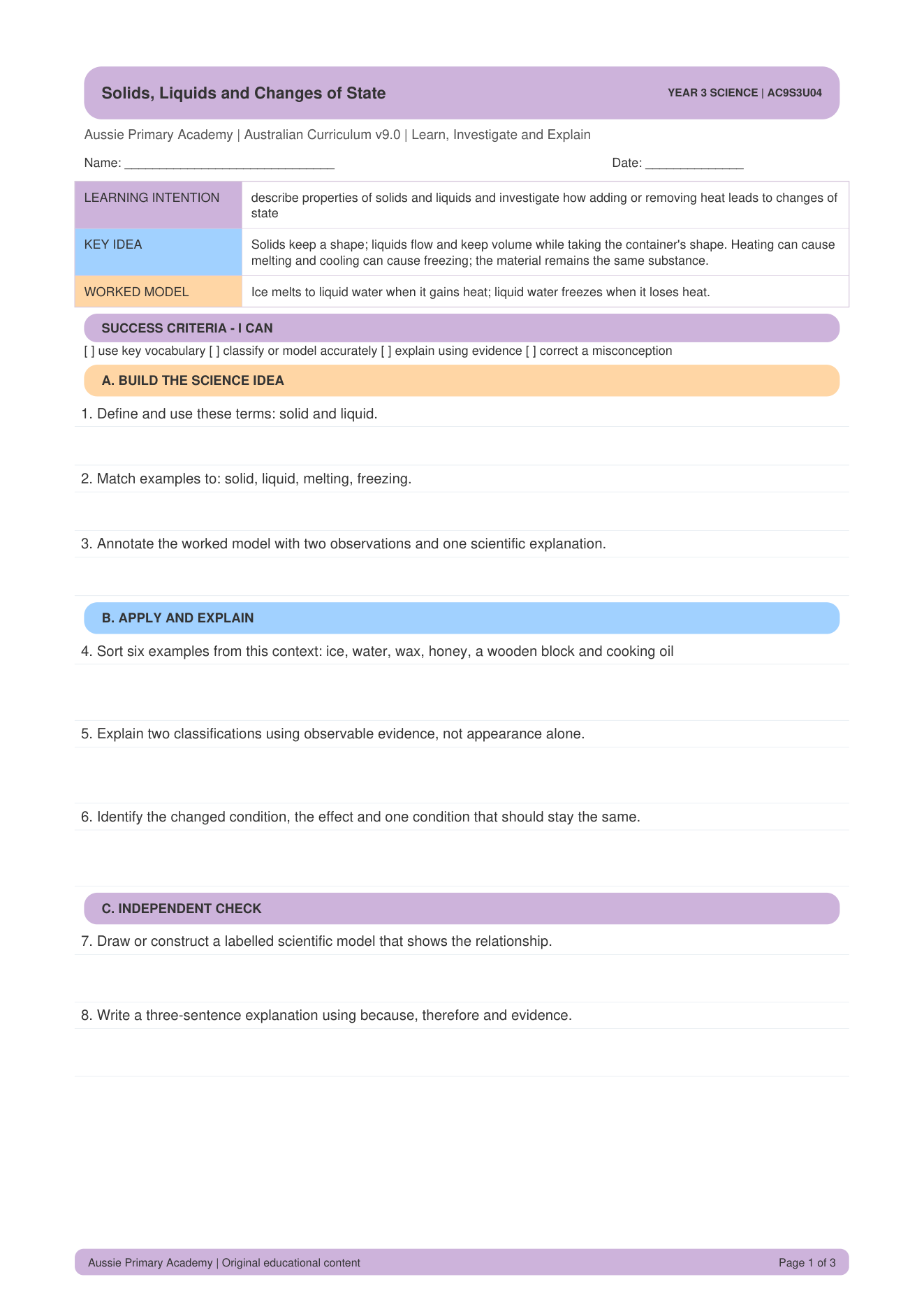 Solids Liquids Change State worksheet preview