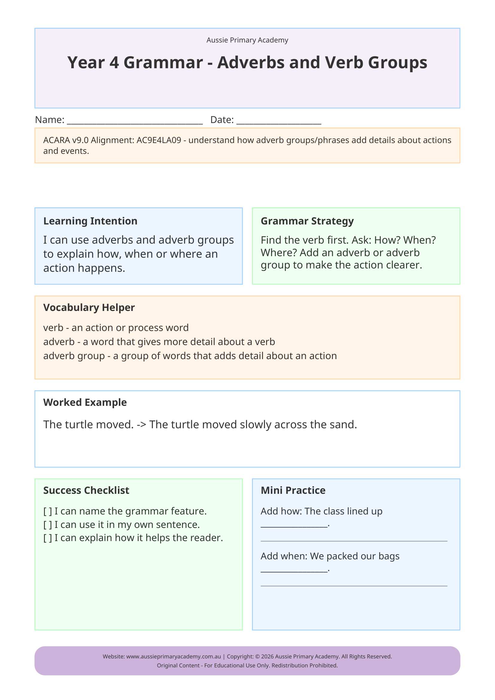 Adverbs And Verb Groups Grammar worksheet preview