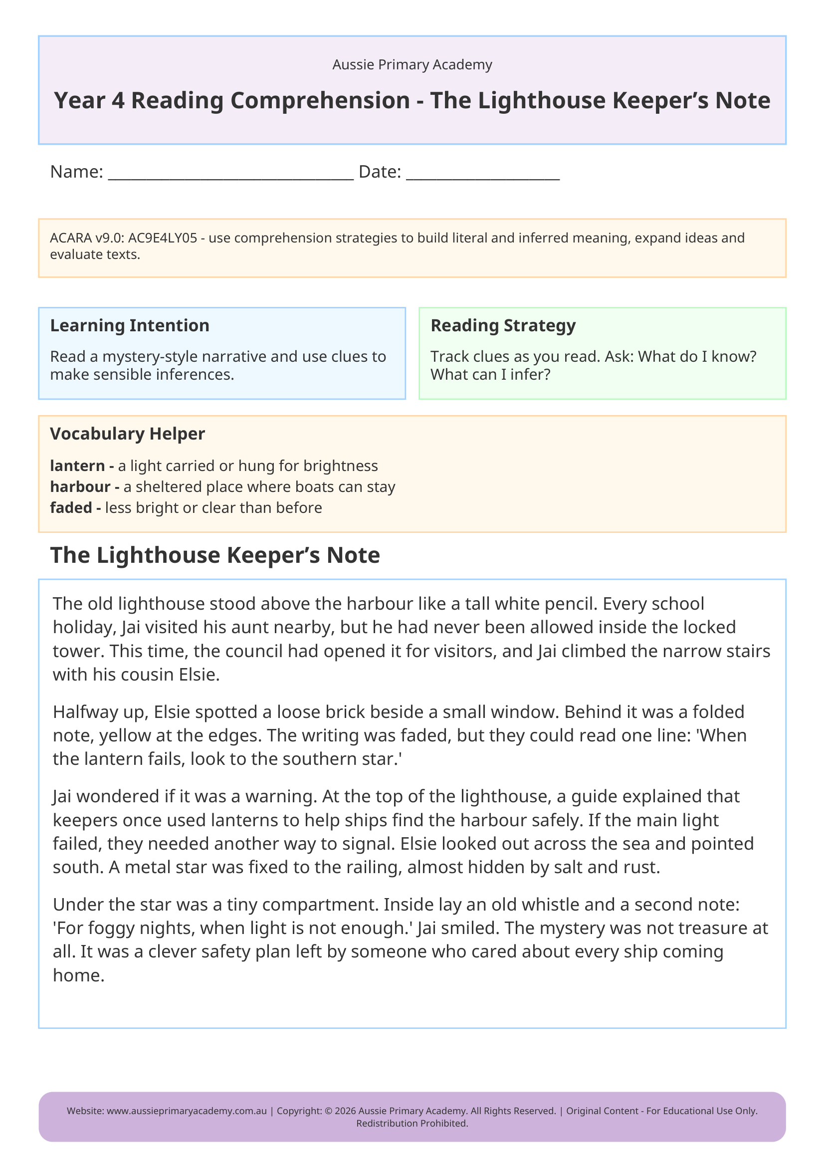 Year 4 Lighthouse Keeper’s Note Preview