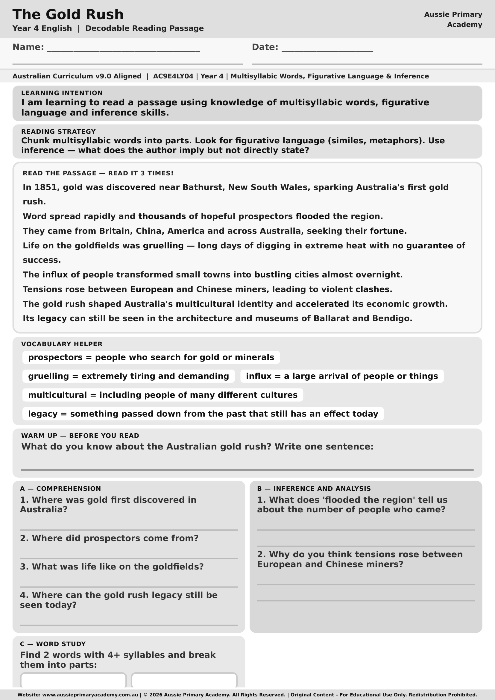 The Gold Rush Australian History Reading Passage Comprehension worksheet preview