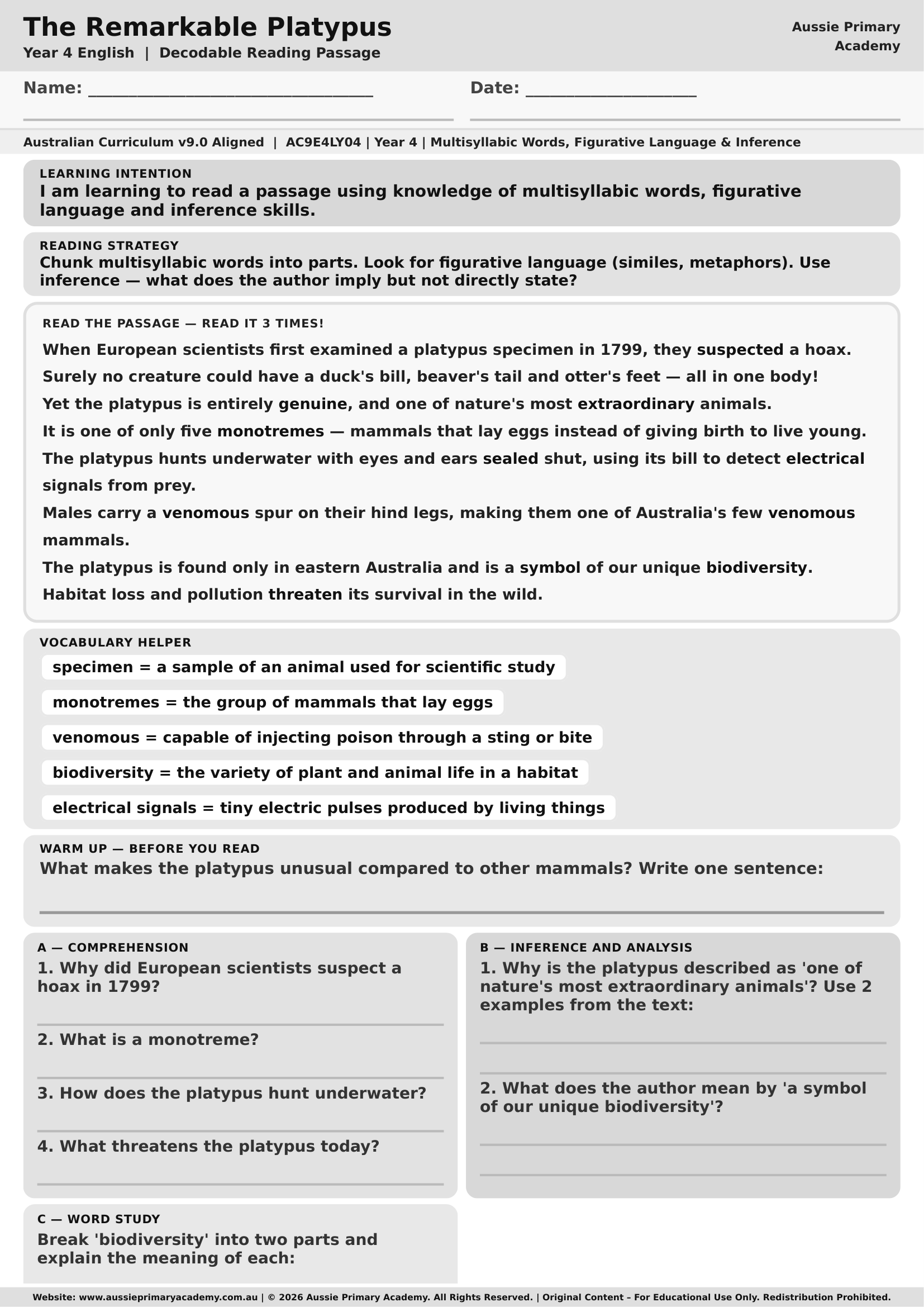 The Remarkable Platypus Australian Animals Reading Passage Comprehension worksheet preview