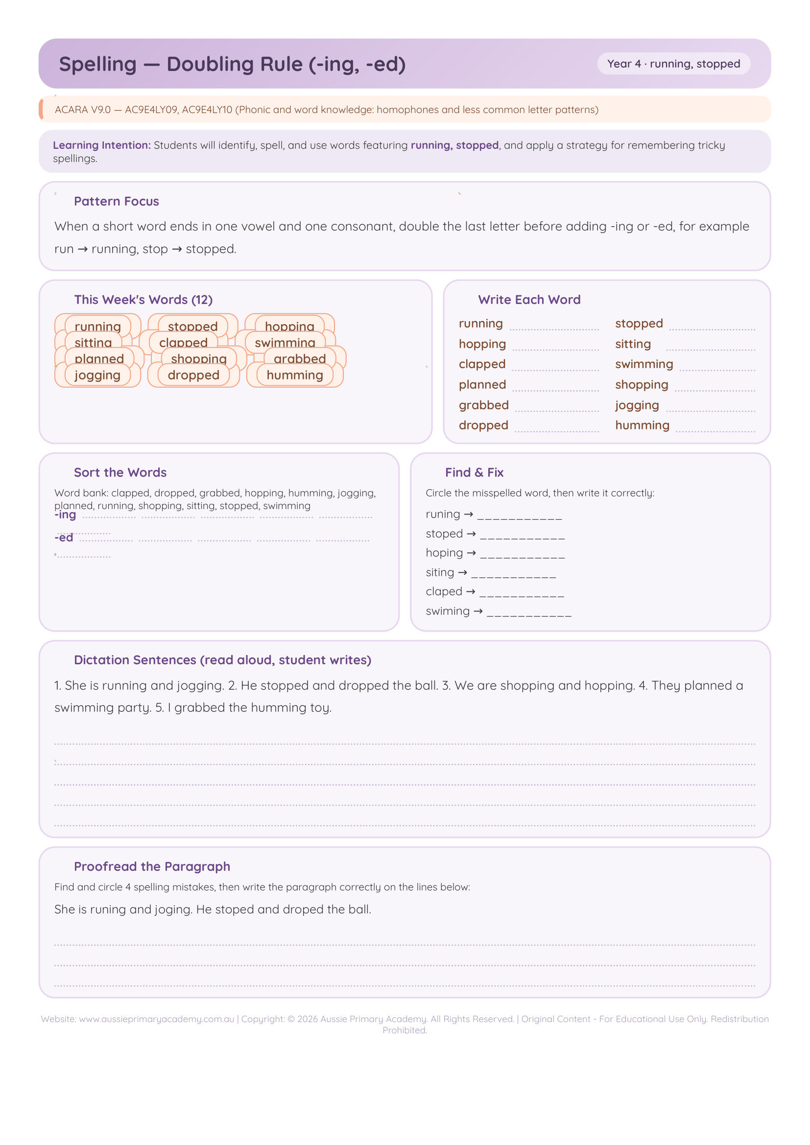 Spelling Doubling Rule Ing Ed worksheet preview