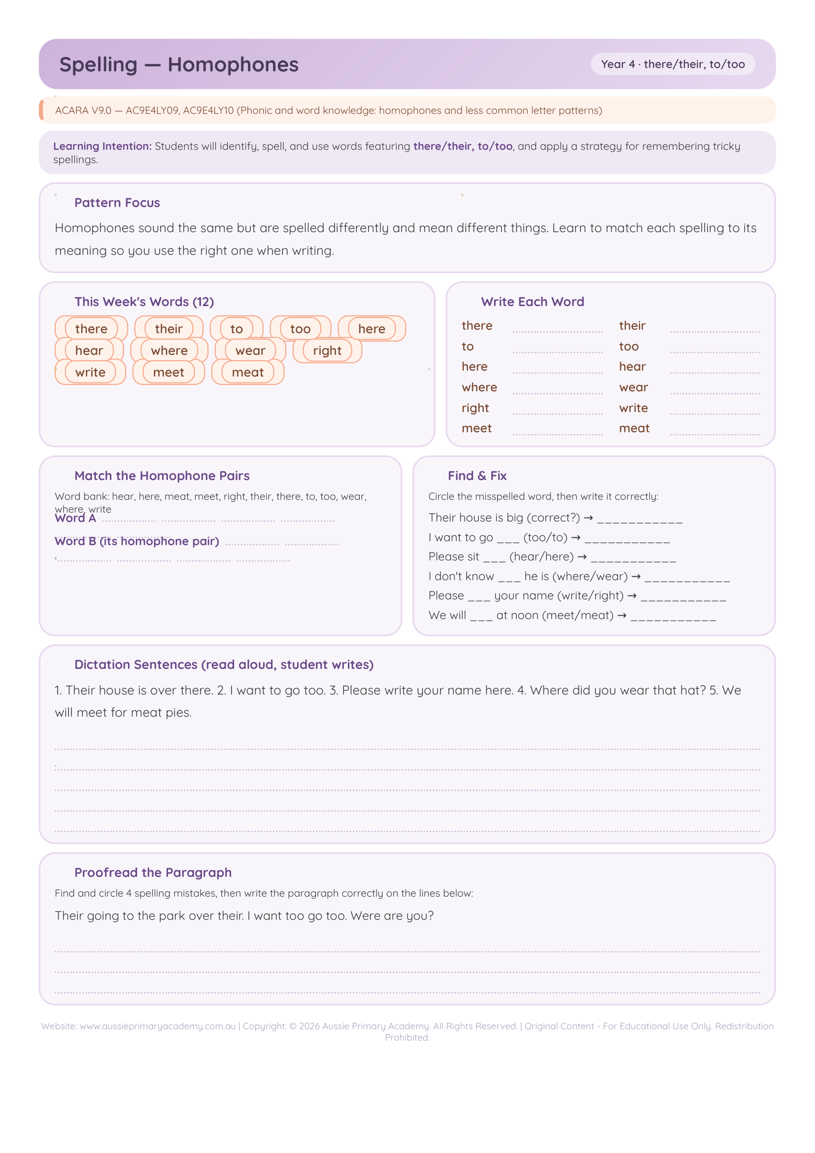 Spelling Homophones worksheet preview