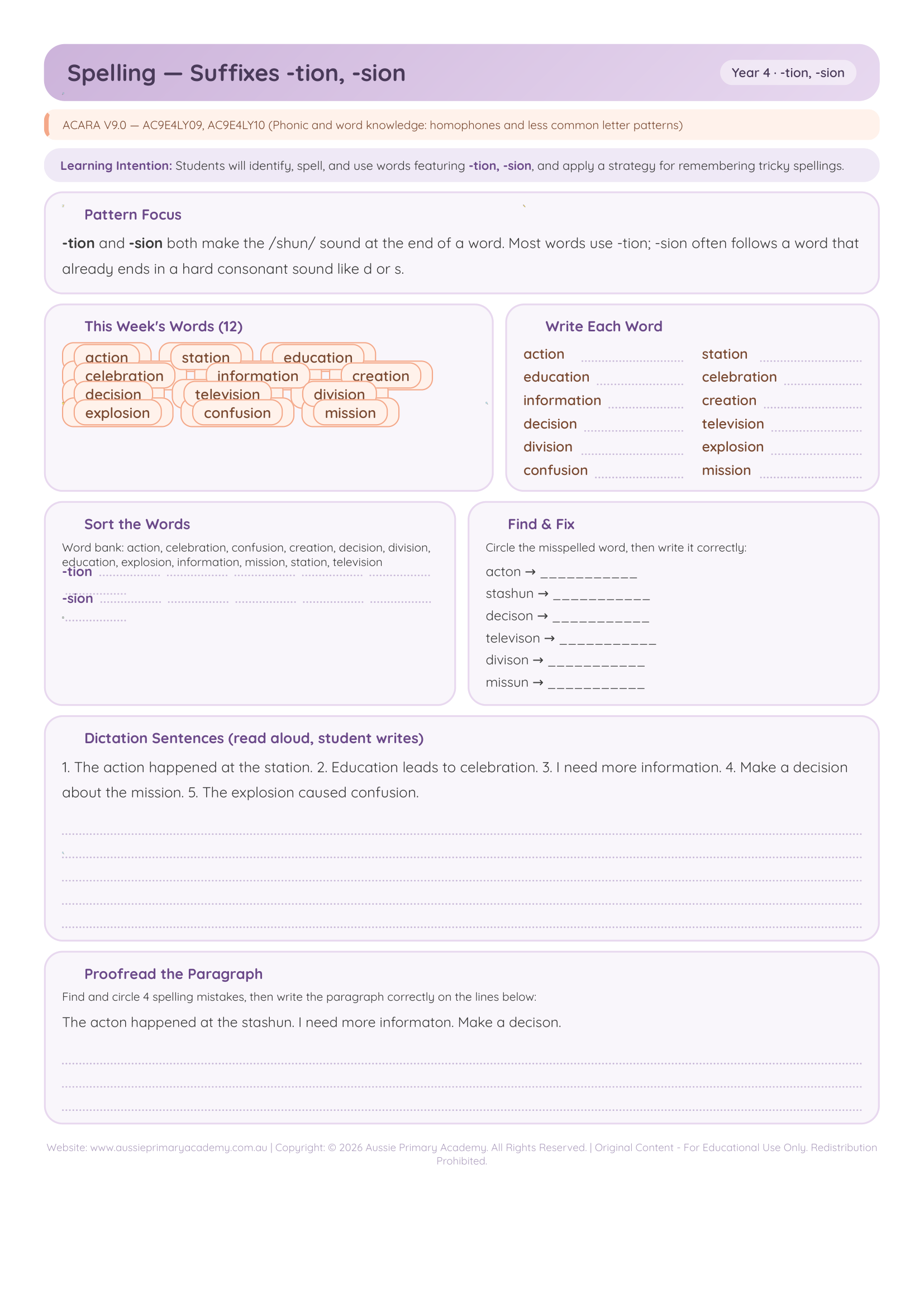 Year 4 Suffixes tion sion Preview