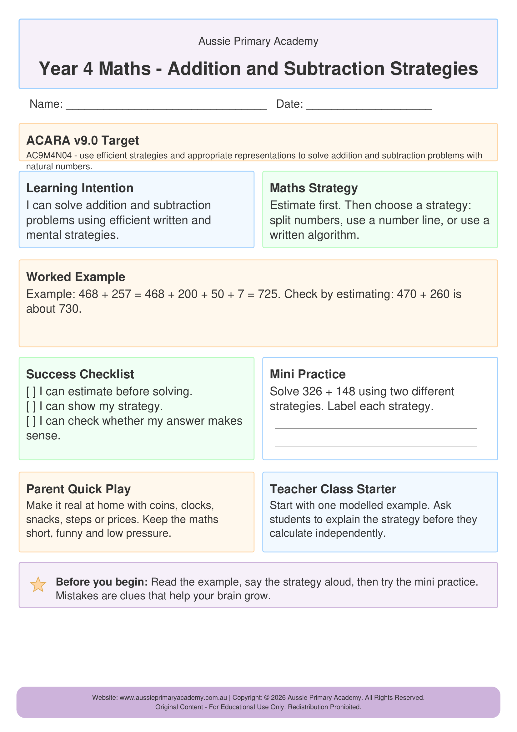 Year 4 Addition and Subtraction Strategies Preview