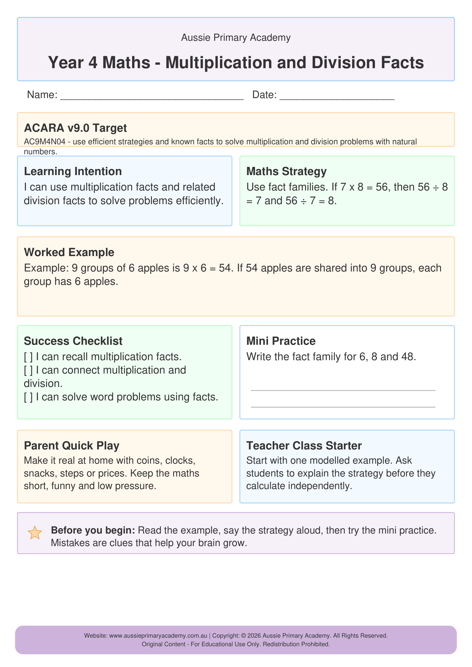 Multiplication And Division Facts worksheet preview