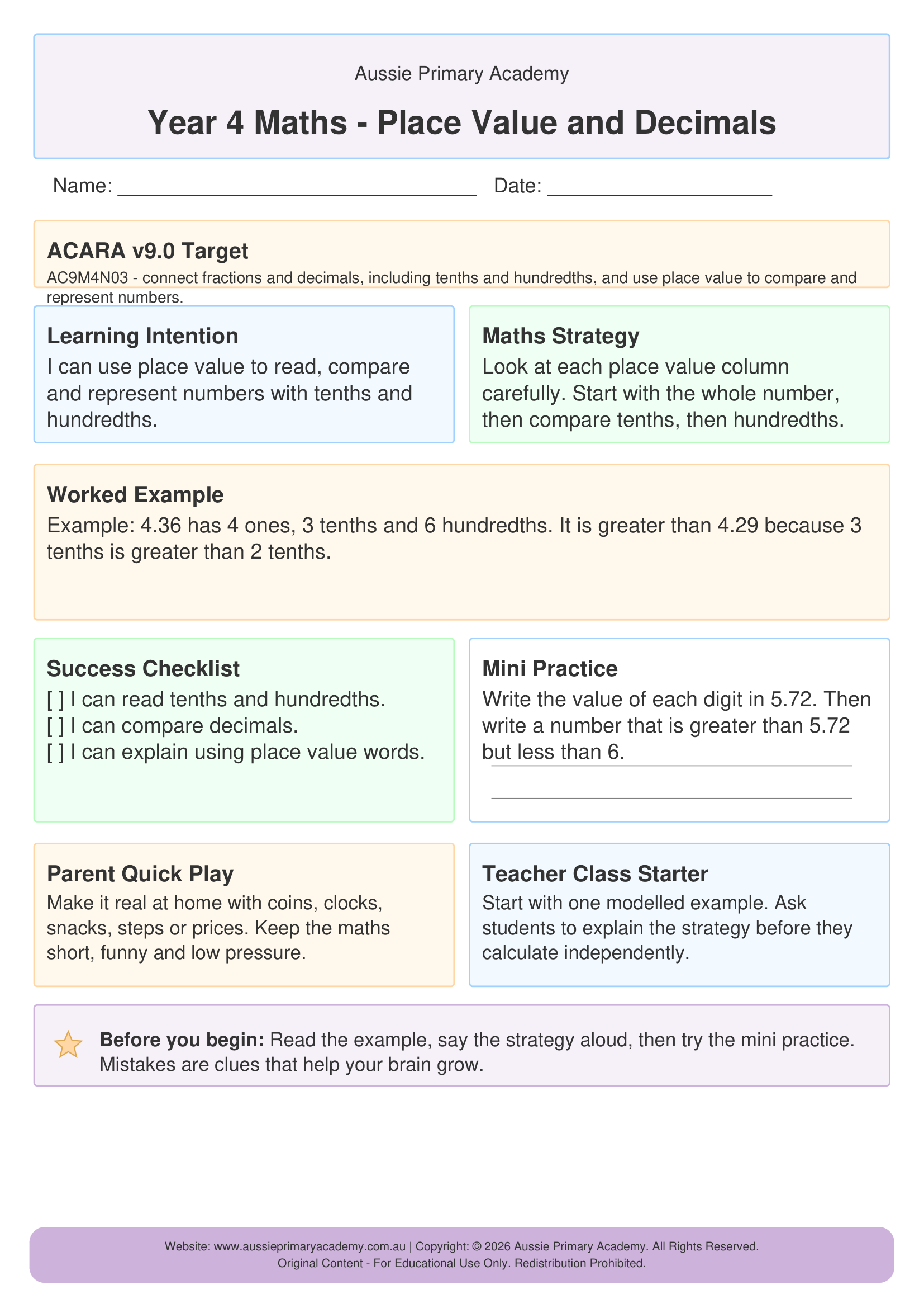 Place Value And Decimals worksheet preview