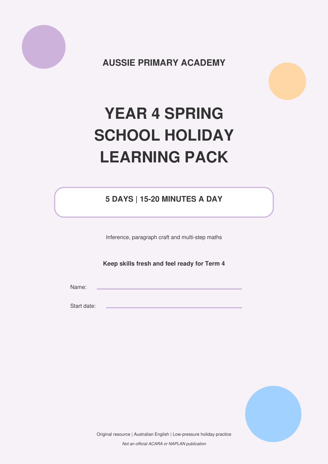 Year 4 Spring School Holiday Learning Pack worksheet preview