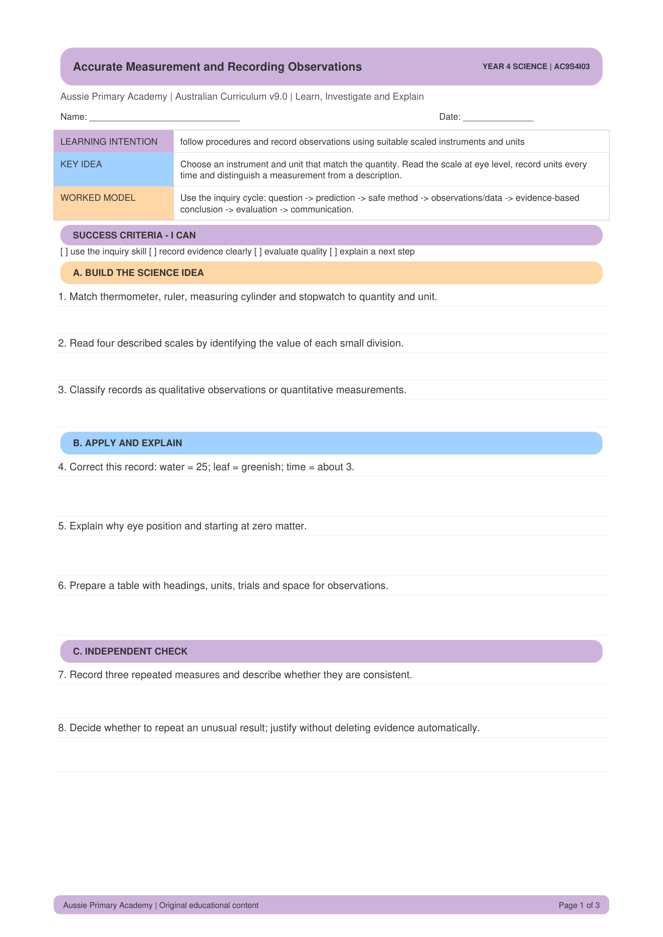 Accurate Measurement And Recording Observations worksheet preview