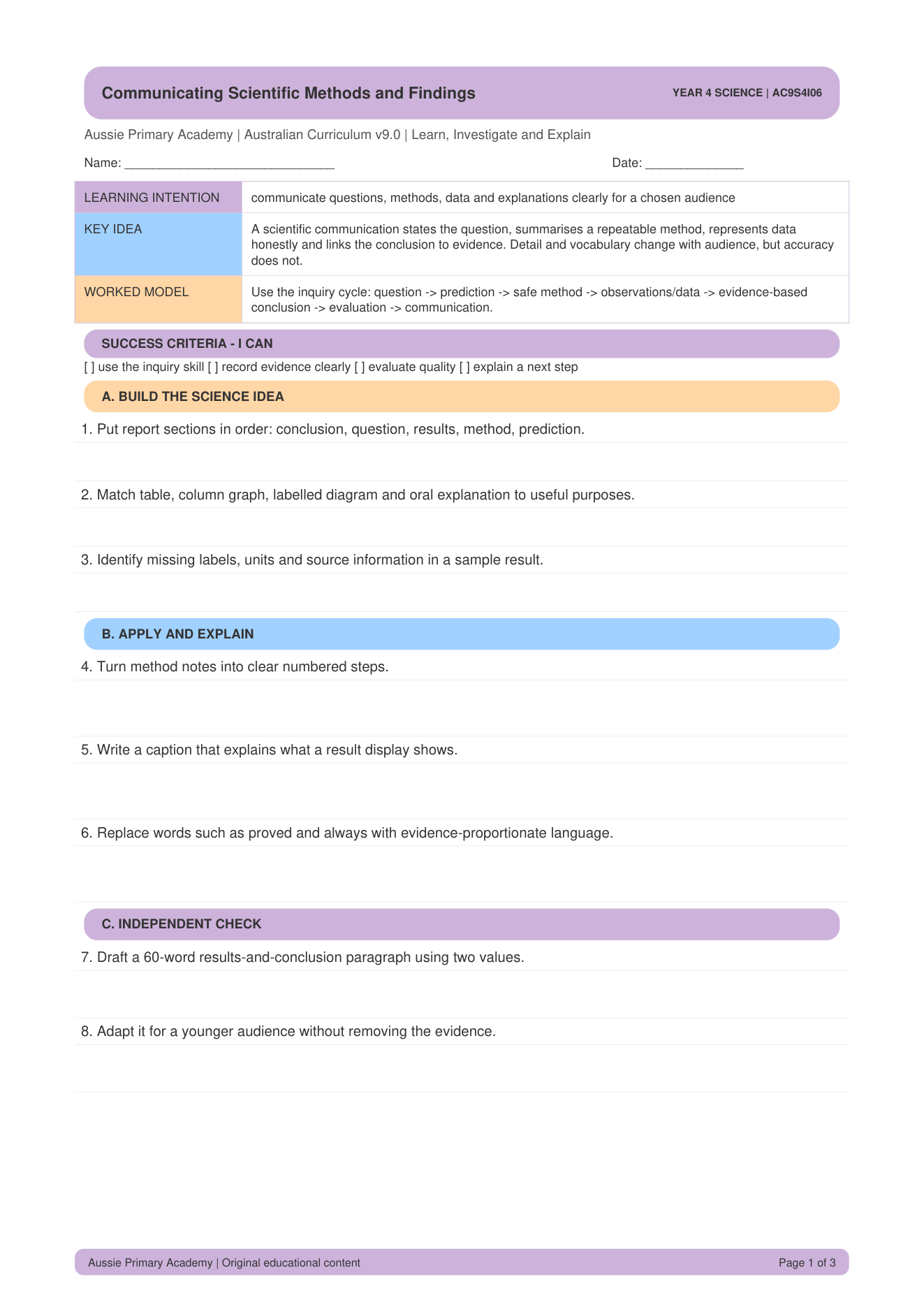 Communicating Scientific Methods And Findings worksheet preview