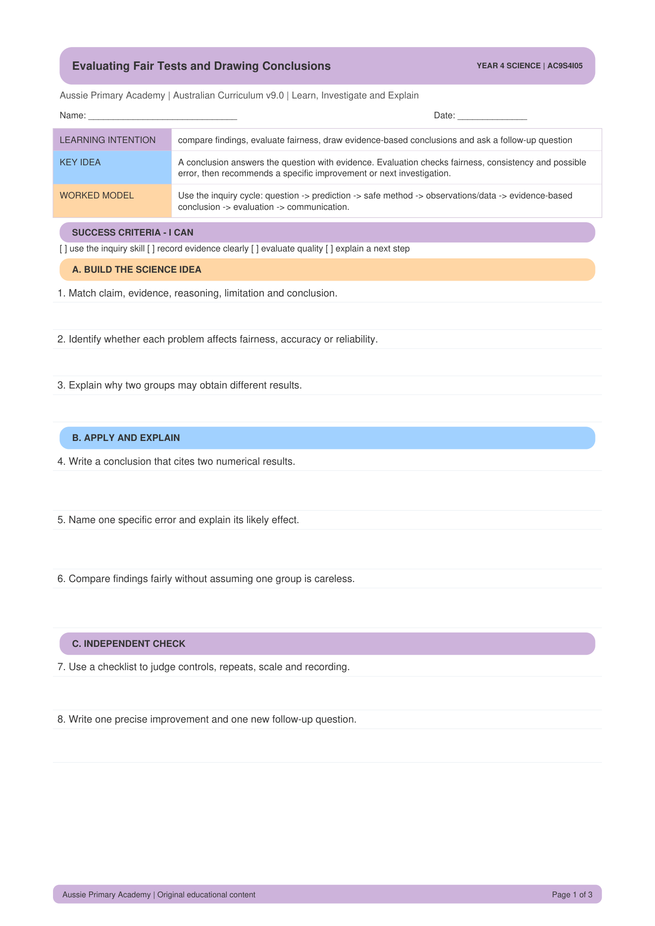 Evaluating Fair Tests And Drawing Conclusions worksheet preview