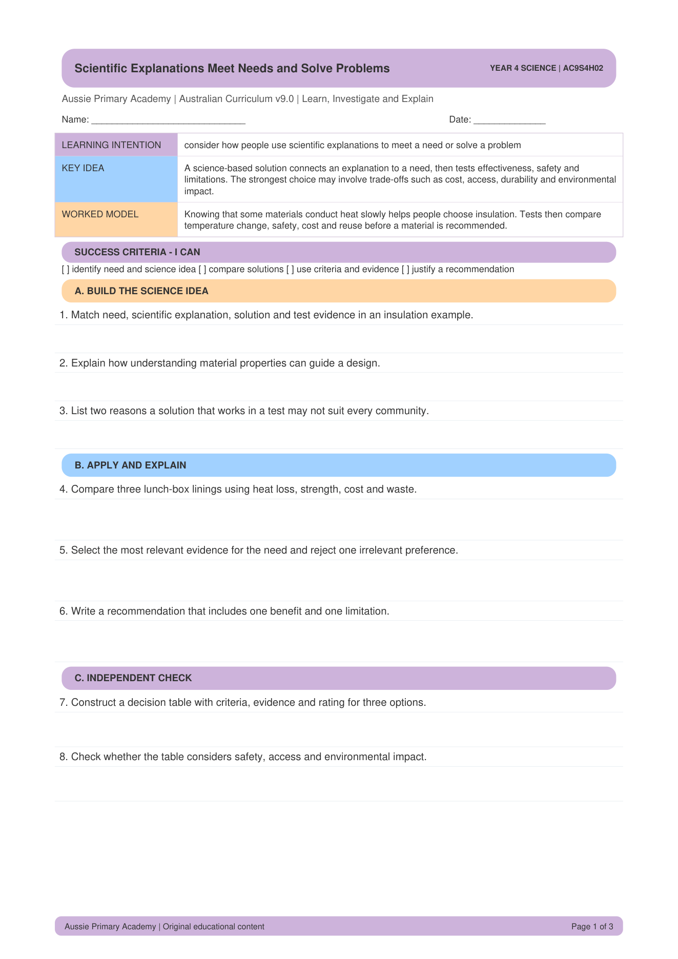 Explanations Meet Needs Solve Problems worksheet preview