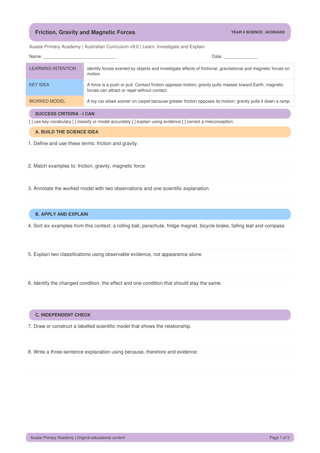 Friction Gravity Magnetic Forces worksheet preview
