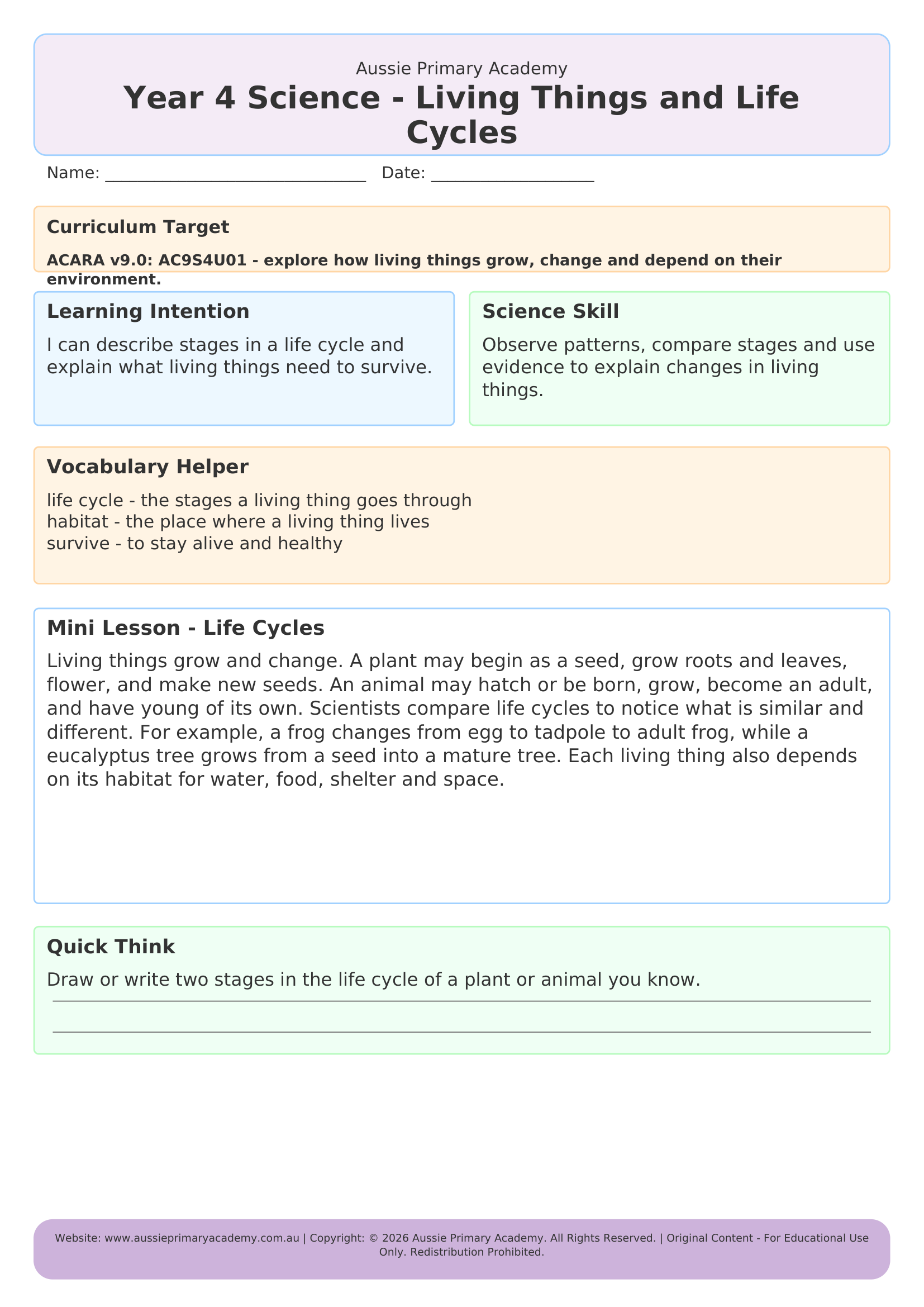 Year 4 Living Things Life Cycles Preview