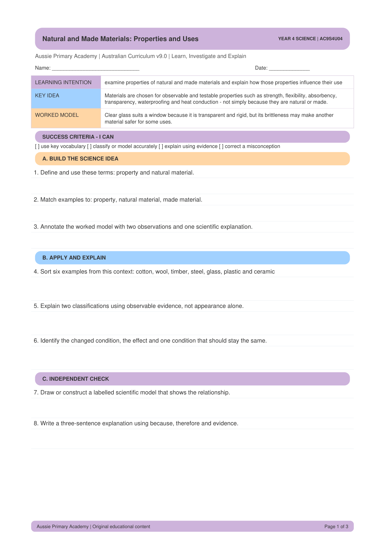 Natural Made Material Properties Uses worksheet preview