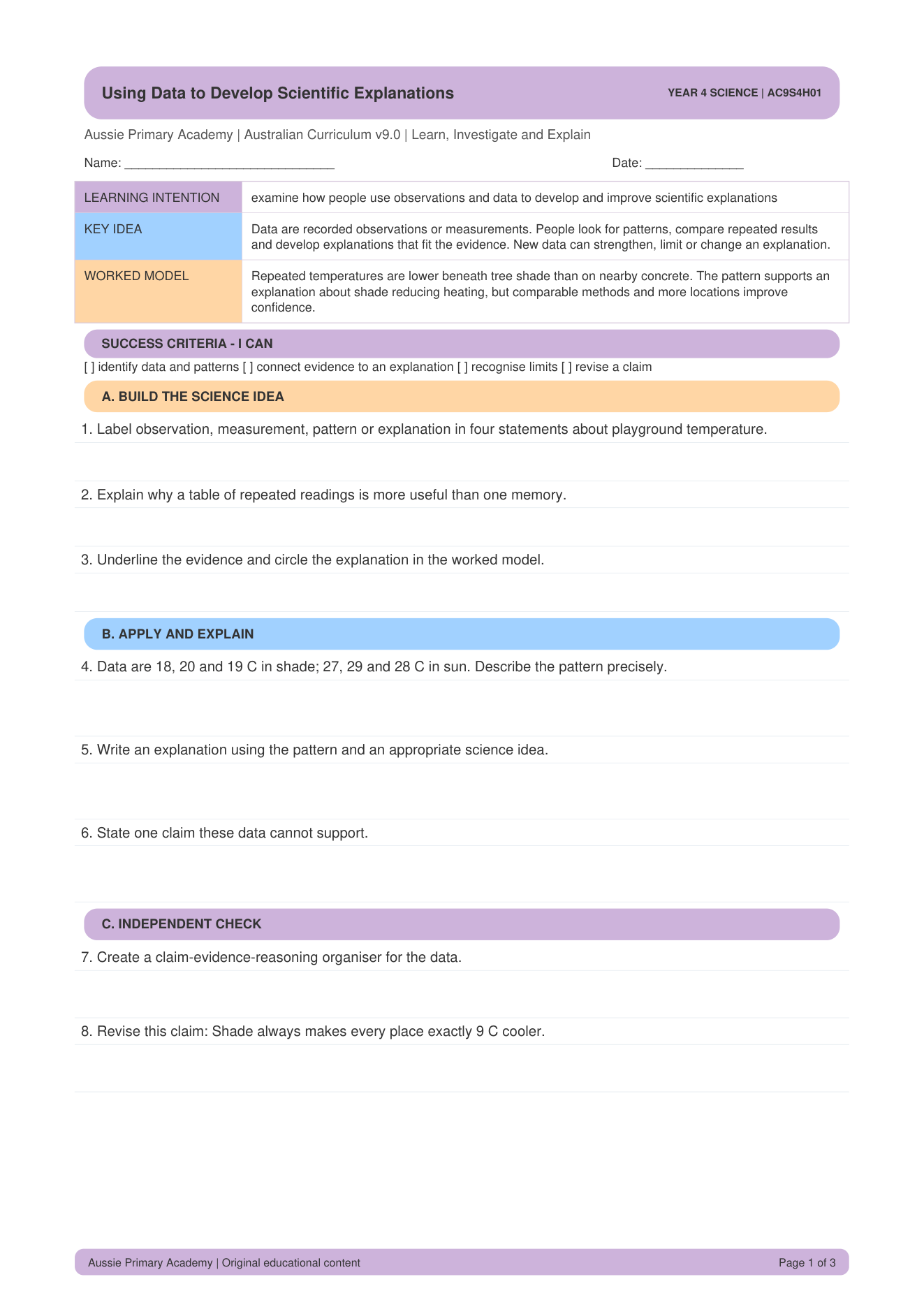 Using Data To Develop Explanations worksheet preview