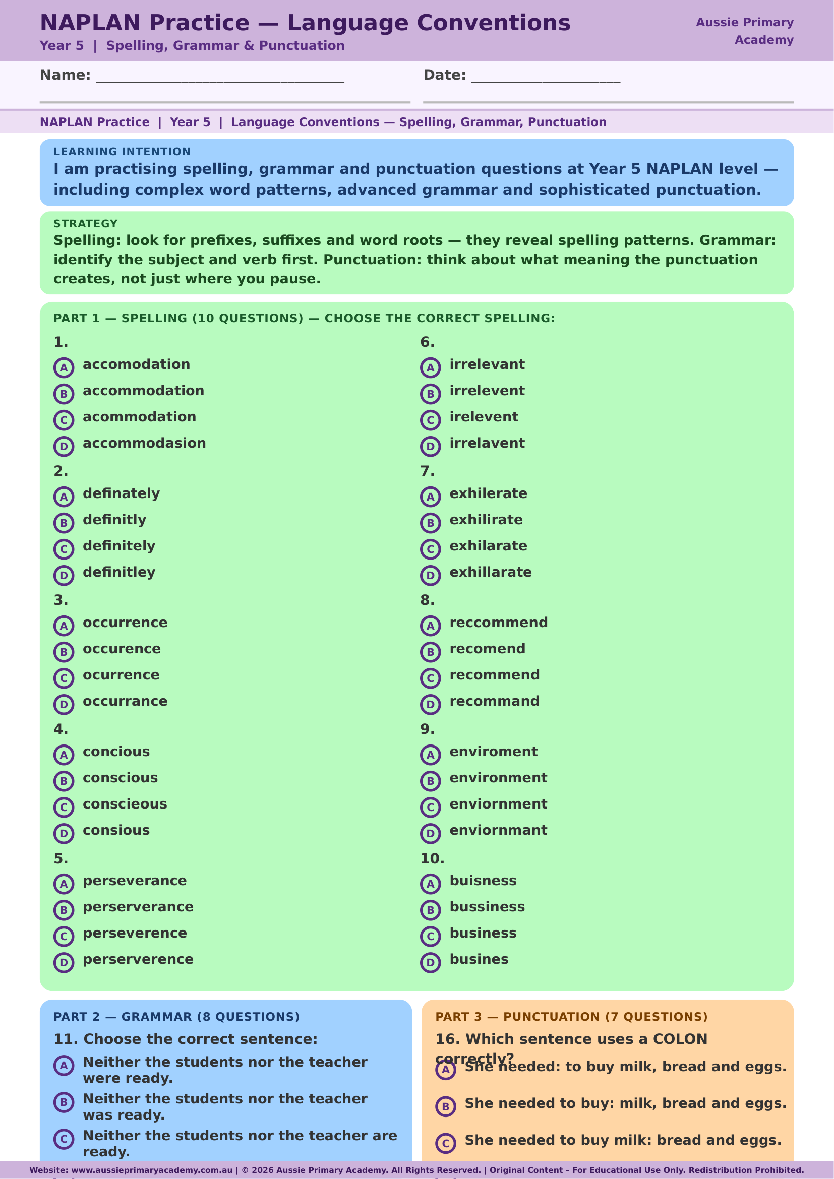 Year 5 NAPLAN practice Language Conventions worksheet preview