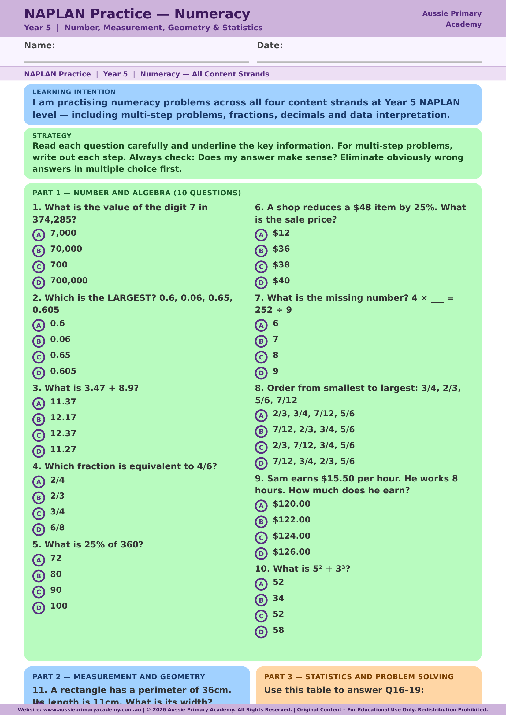 Year 5 NAPLAN practice Numeracy worksheet preview
