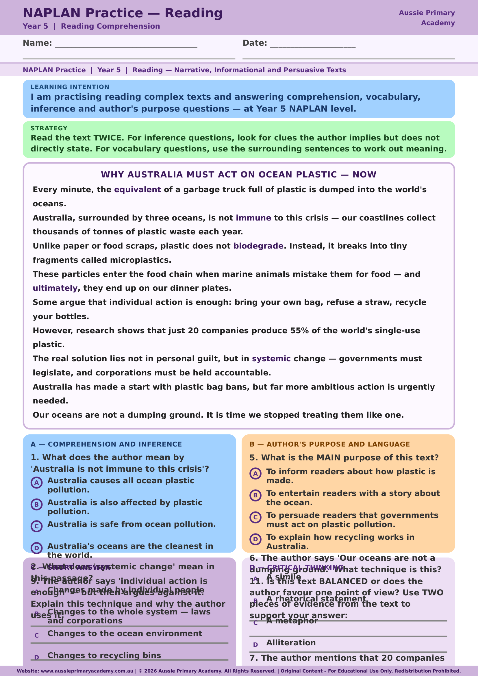 Year 5 NAPLAN practice Reading worksheet preview