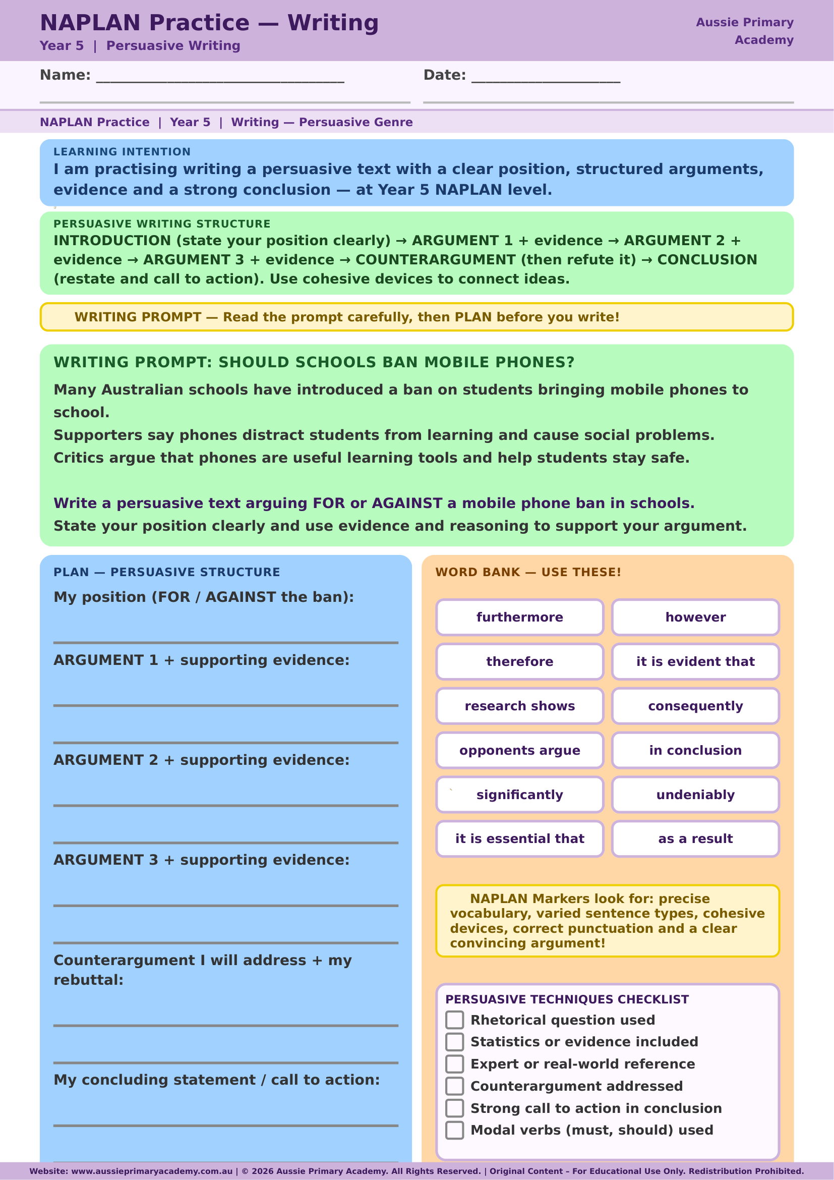 Year 5 NAPLAN practice Writing worksheet preview