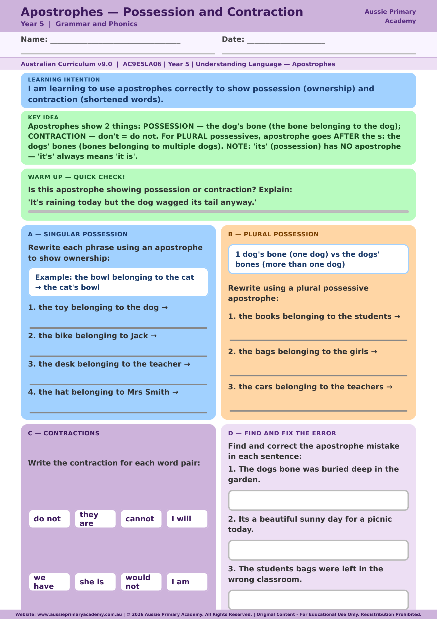 Apostrophes: Possession and Contraction Year 5 English worksheet preview