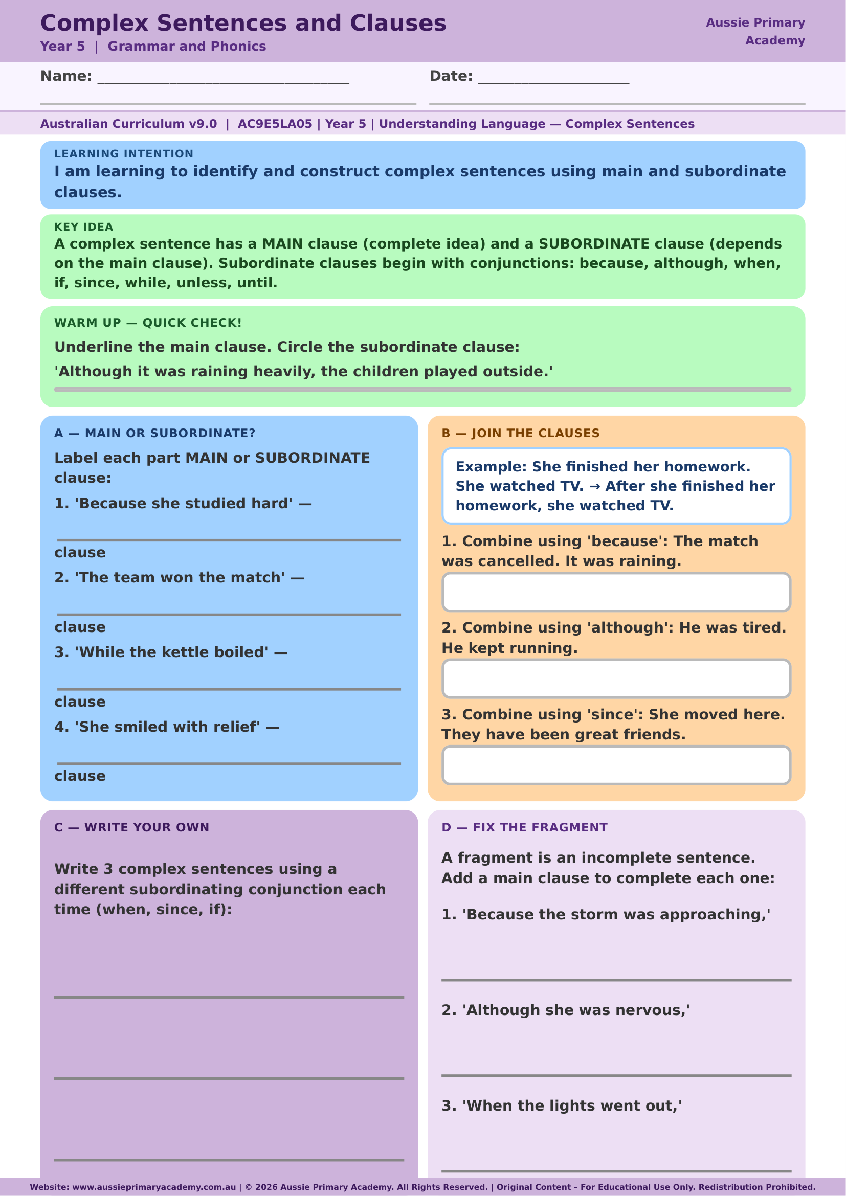 Complex Sentences and Clauses Year 5 English worksheet preview