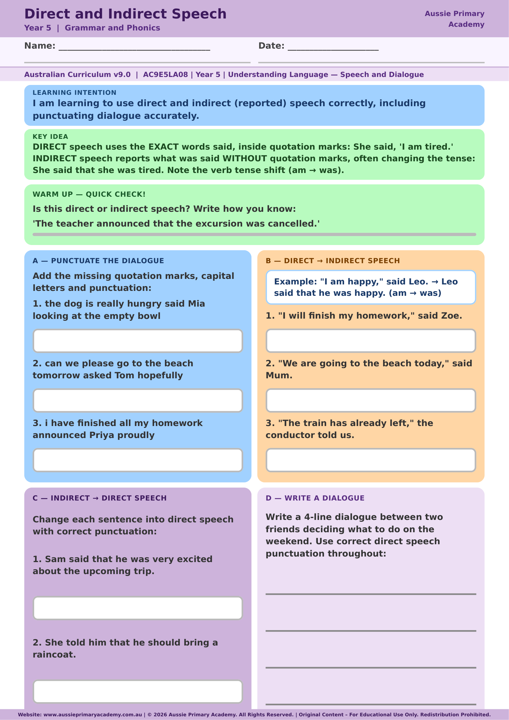 Direct Indirect Speech Grammar Ac9E5La07 Colour worksheet preview