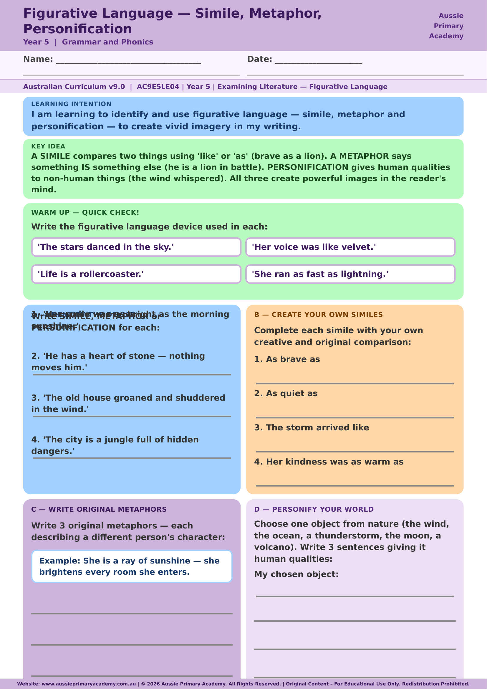 Figurative Language Year 5 English worksheet preview