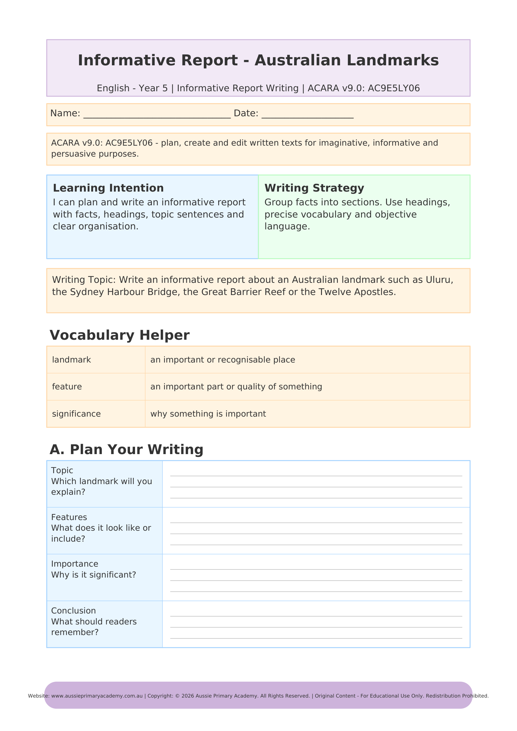 Informative Report Writing worksheet preview