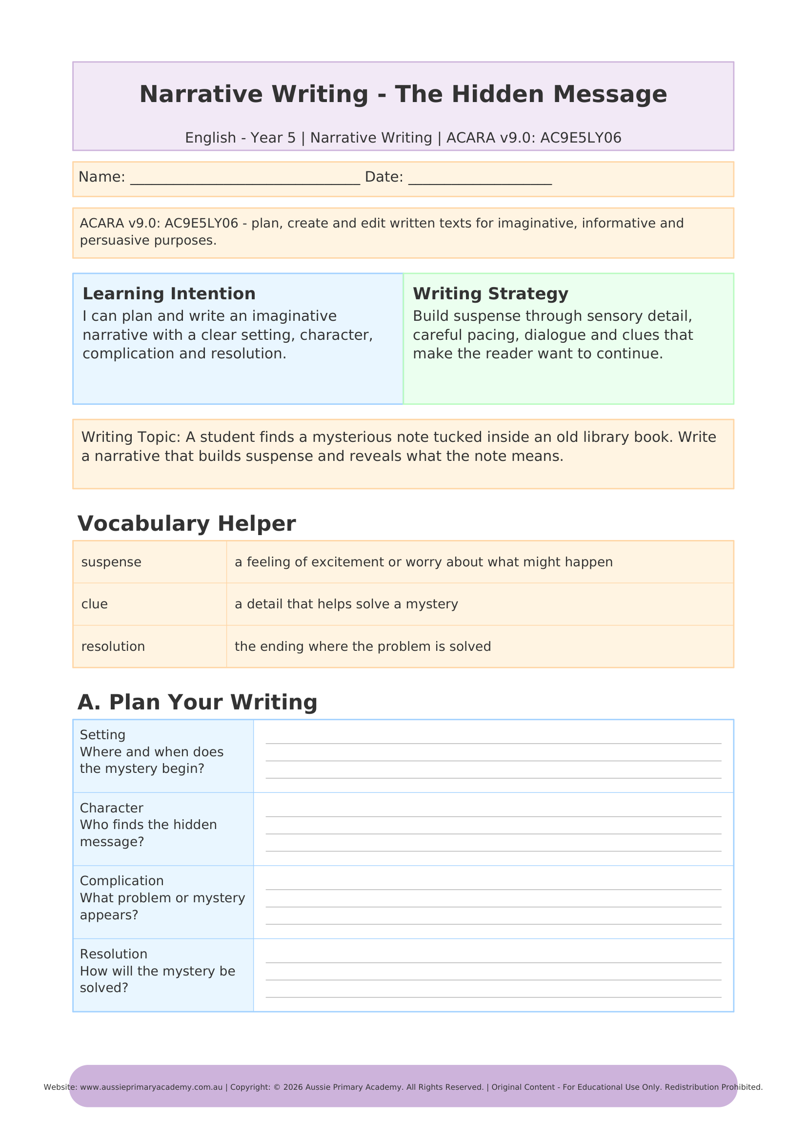 Narrative Mystery Writing Year 5 English worksheet preview