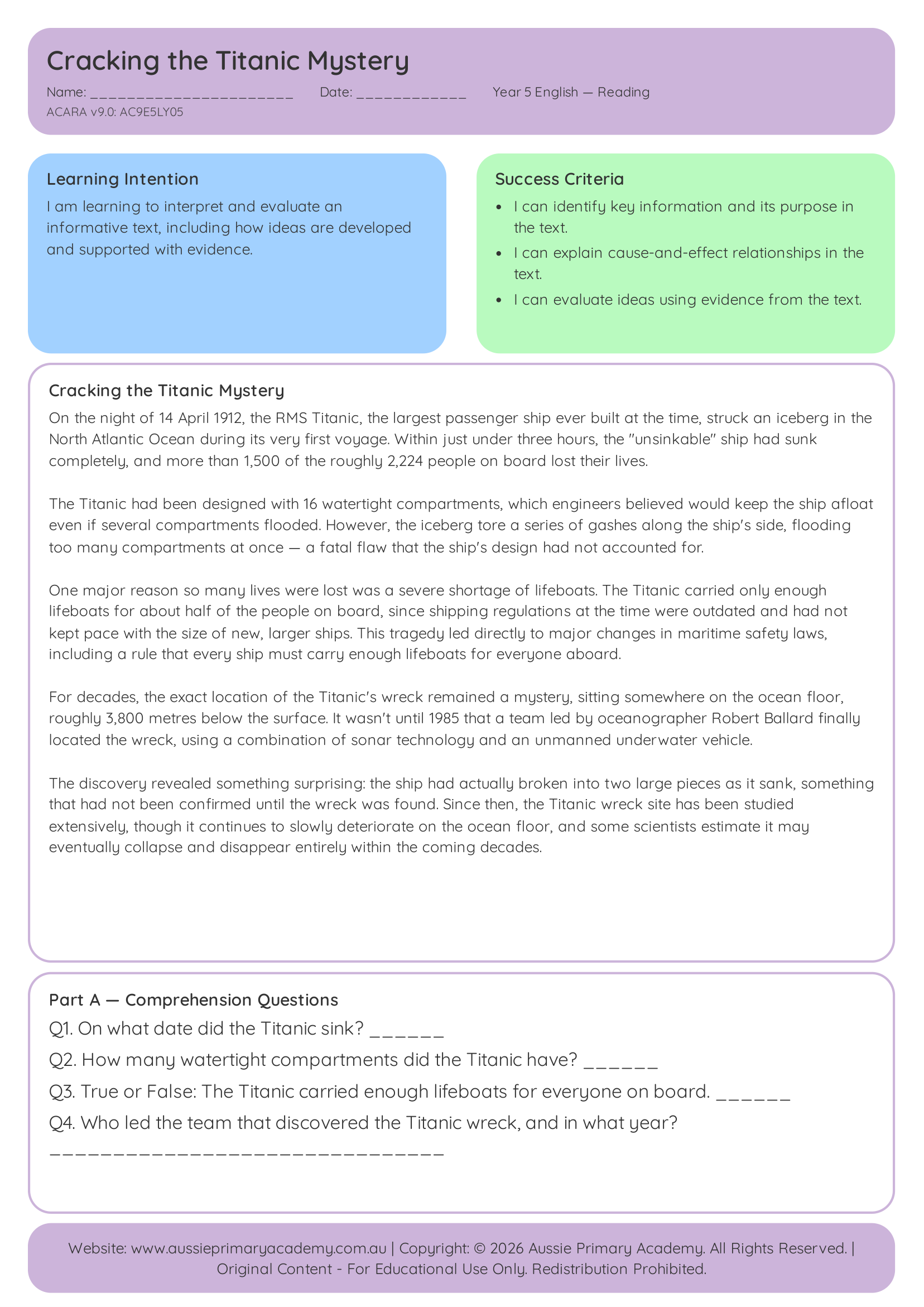 Reading Comprehension Cracking The Titanic Mystery Ac9E5Ly05 Colour worksheet preview