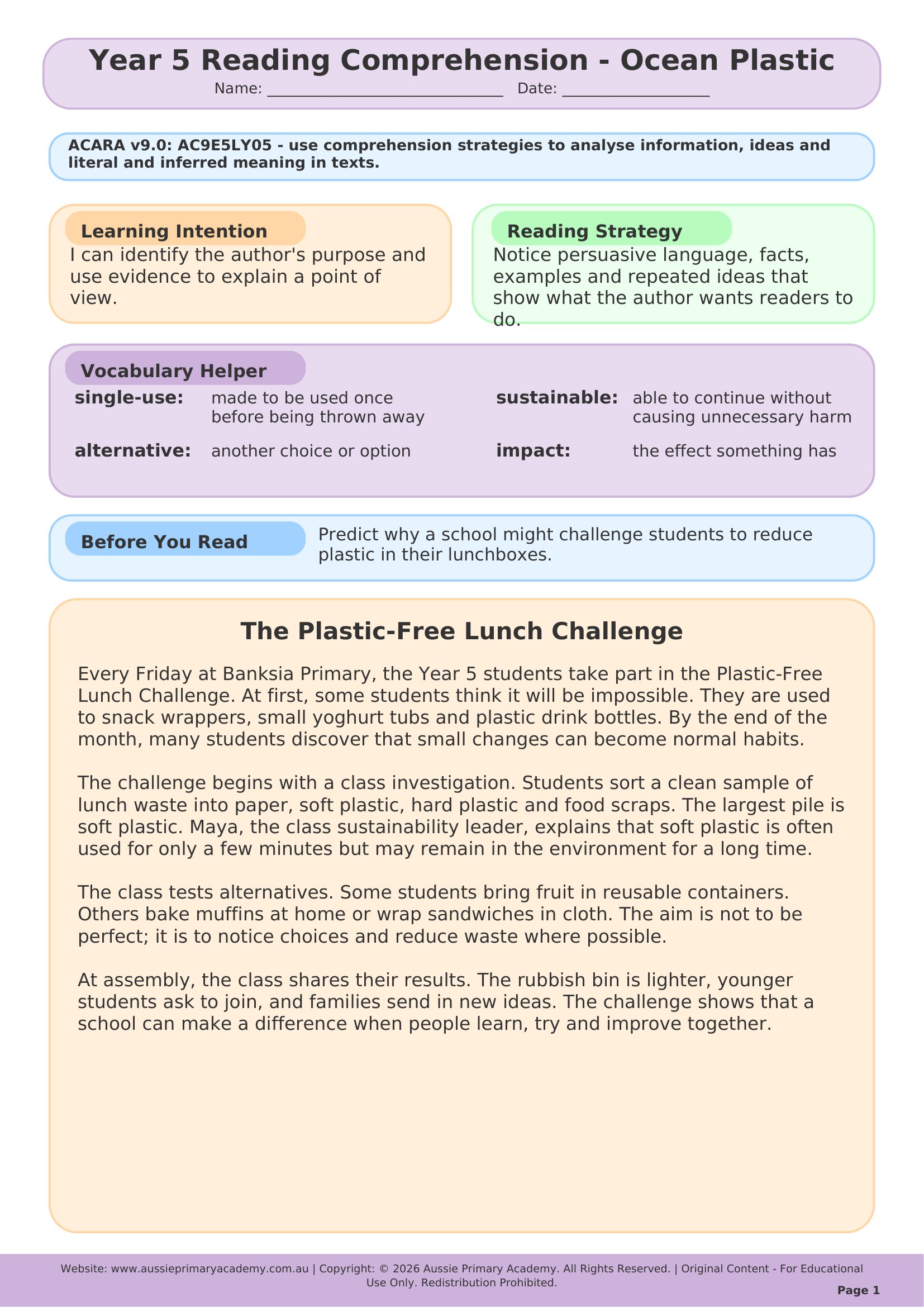 Ocean Plastic Year 5 English worksheet preview