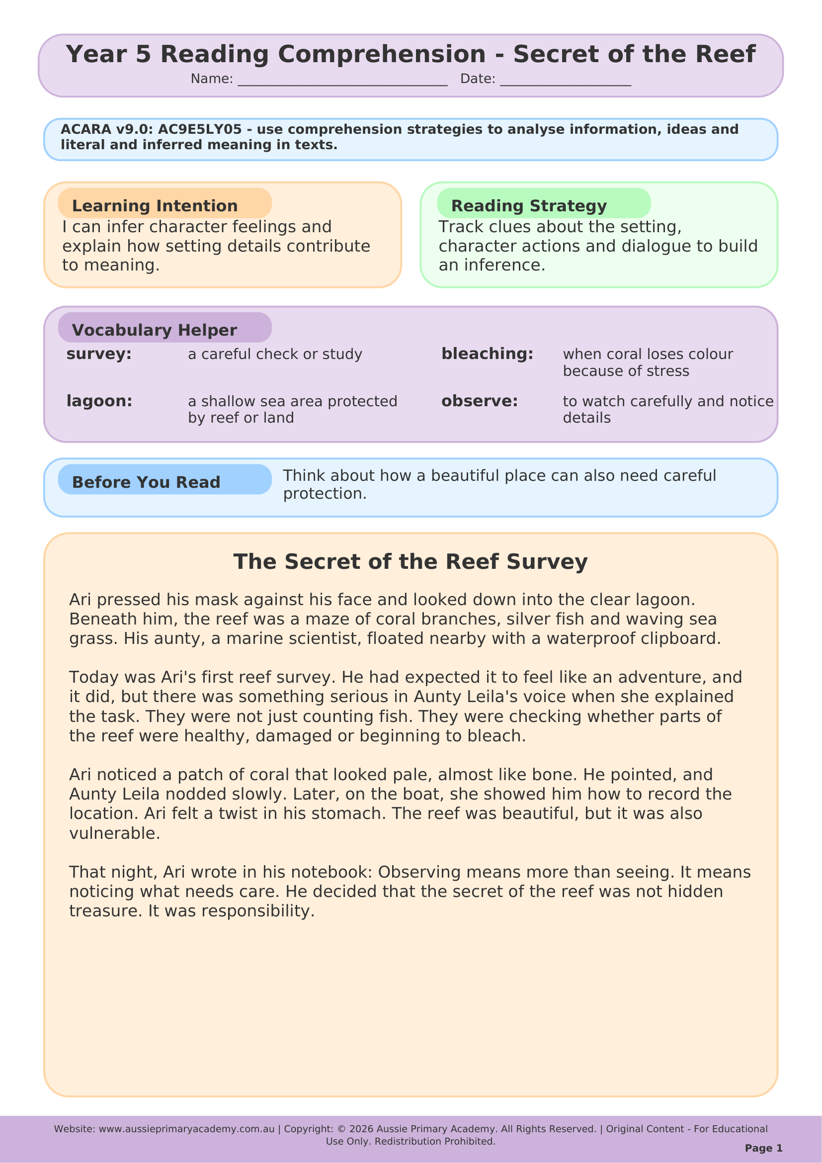 Reading Comprehension Secret Of The Reef worksheet preview