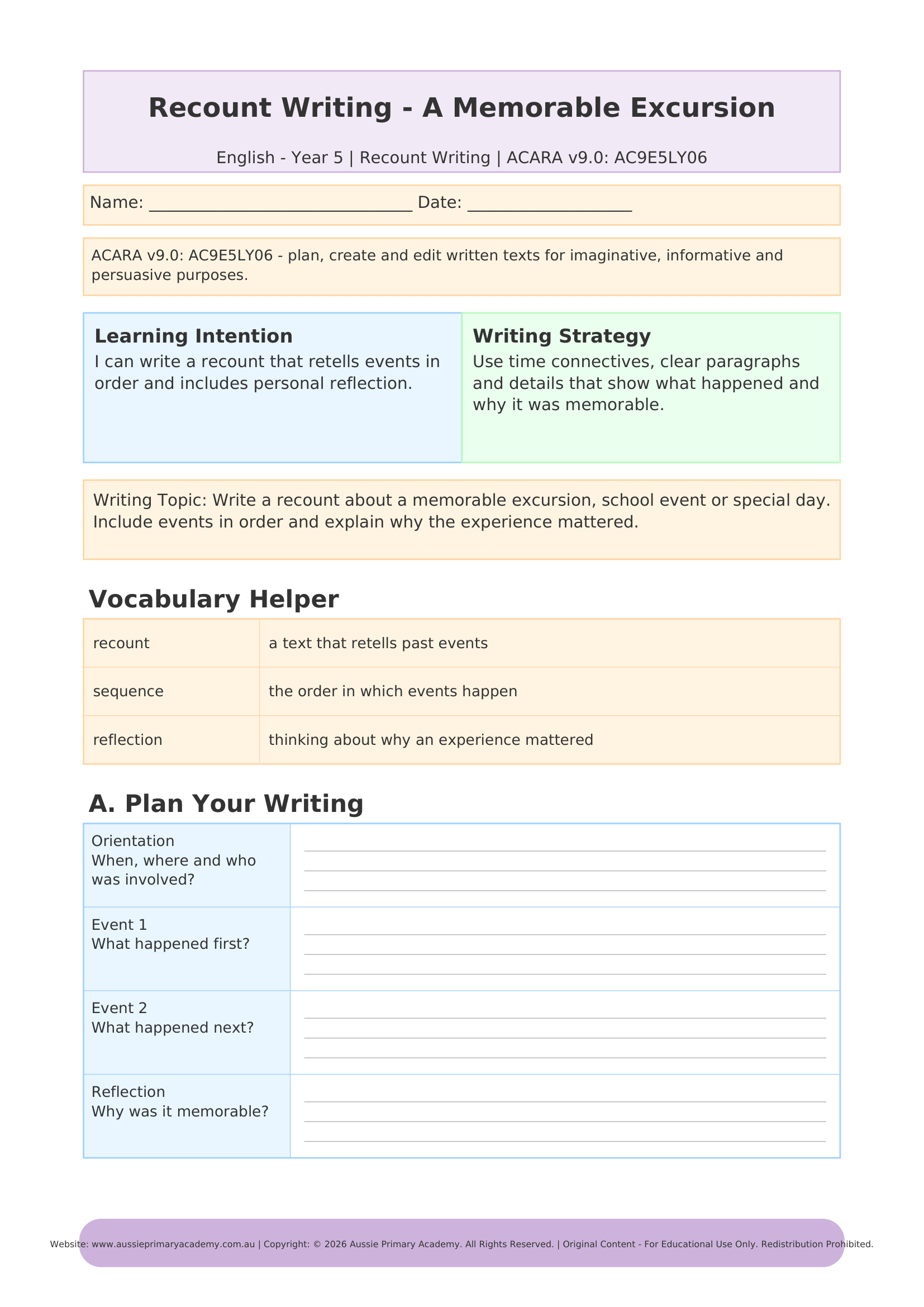 Recount Writing Year 5 English worksheet preview