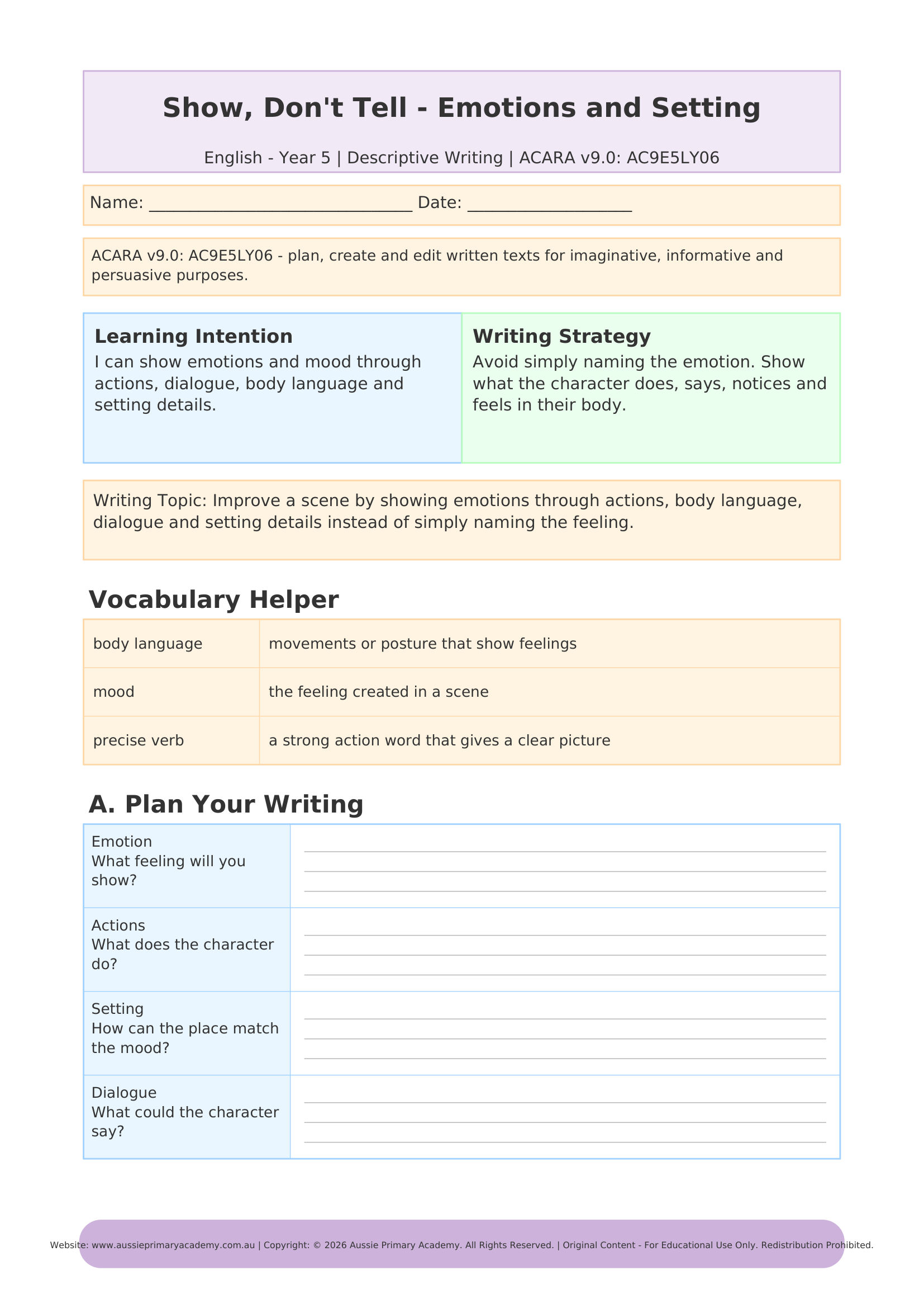 Show Dont Tell Emotions Writing worksheet preview
