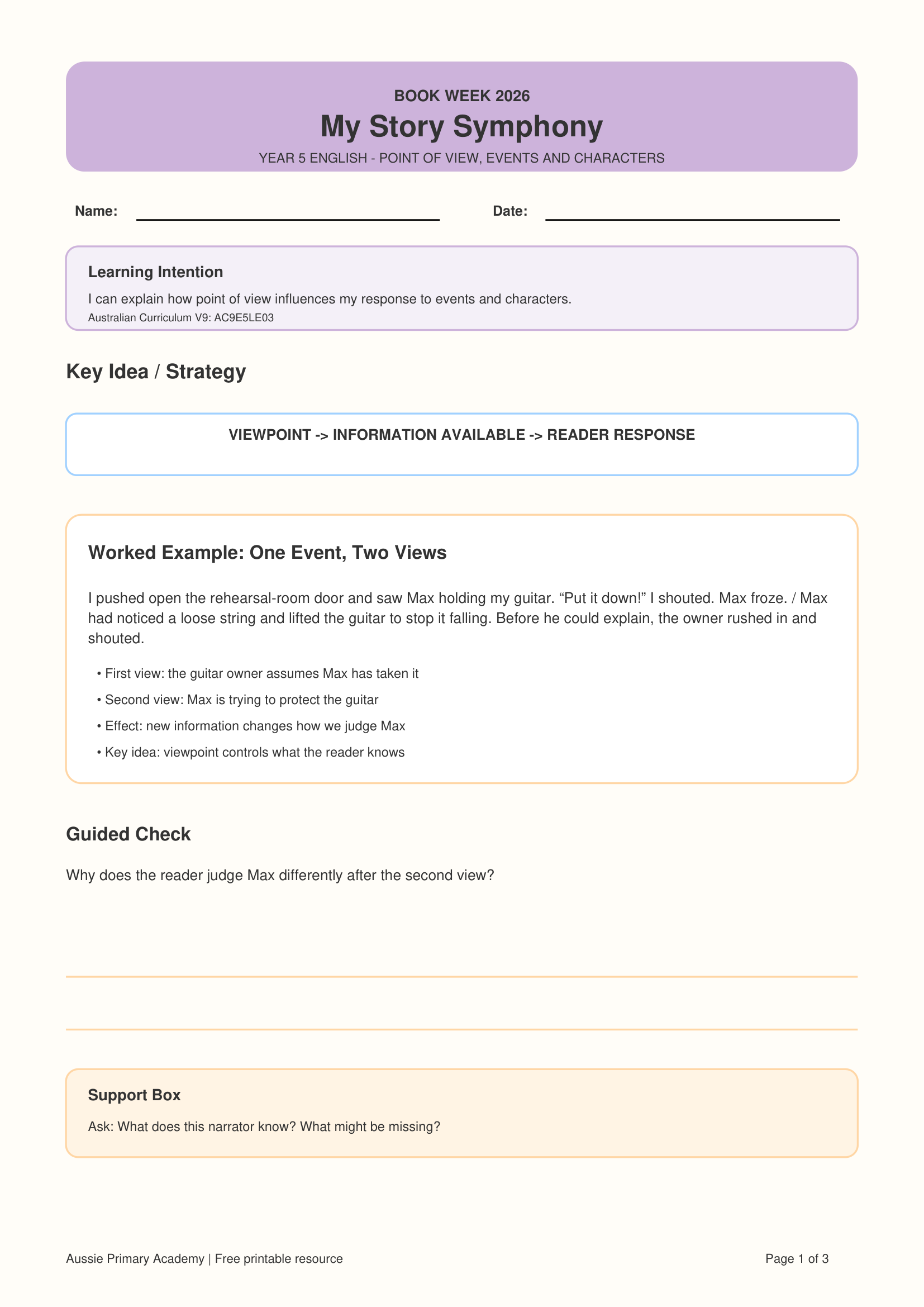 Year 5 Point of View worksheet preview for Book Week