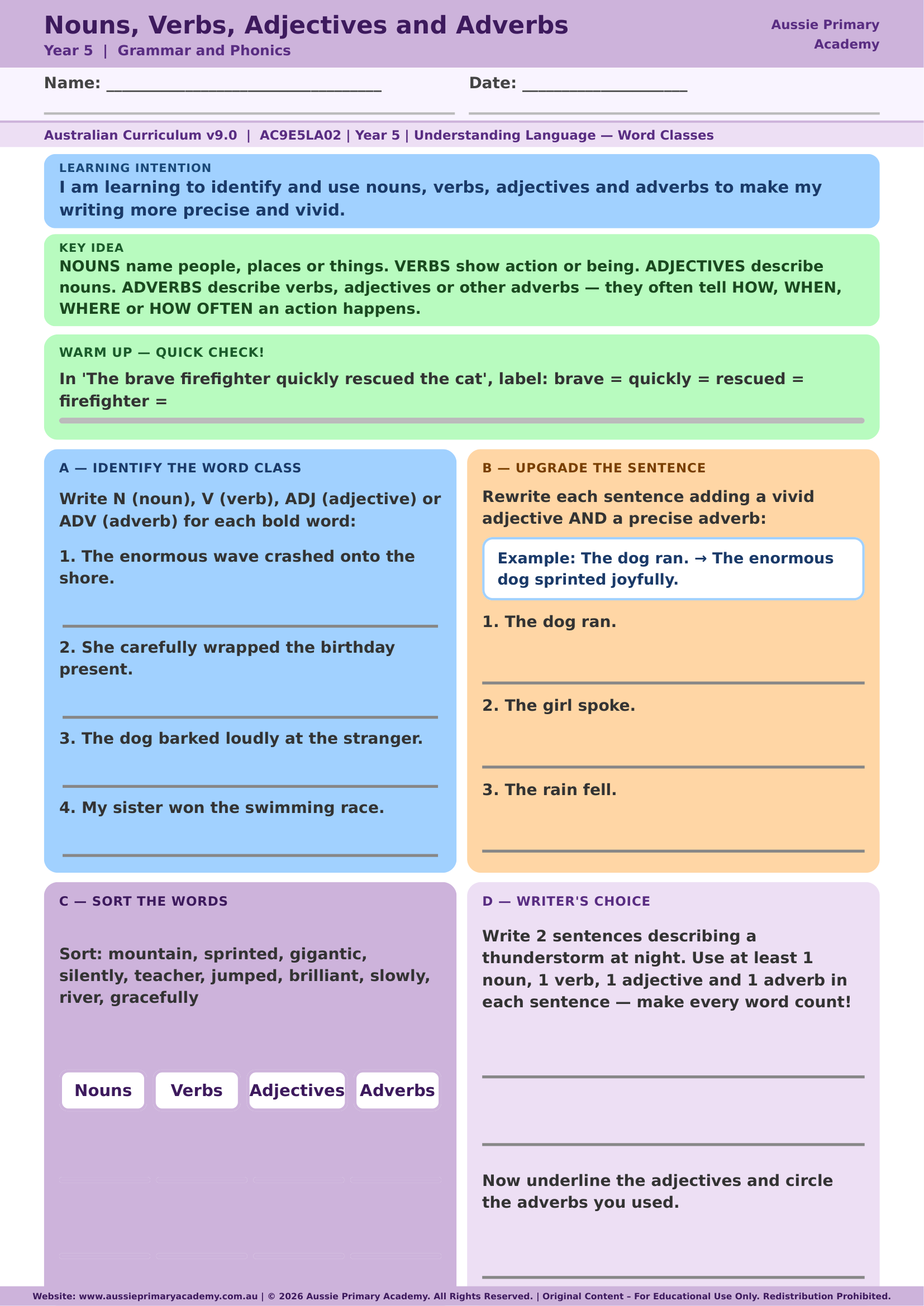 Word Classes Review Grammar Ac9E5La08 Colour worksheet preview