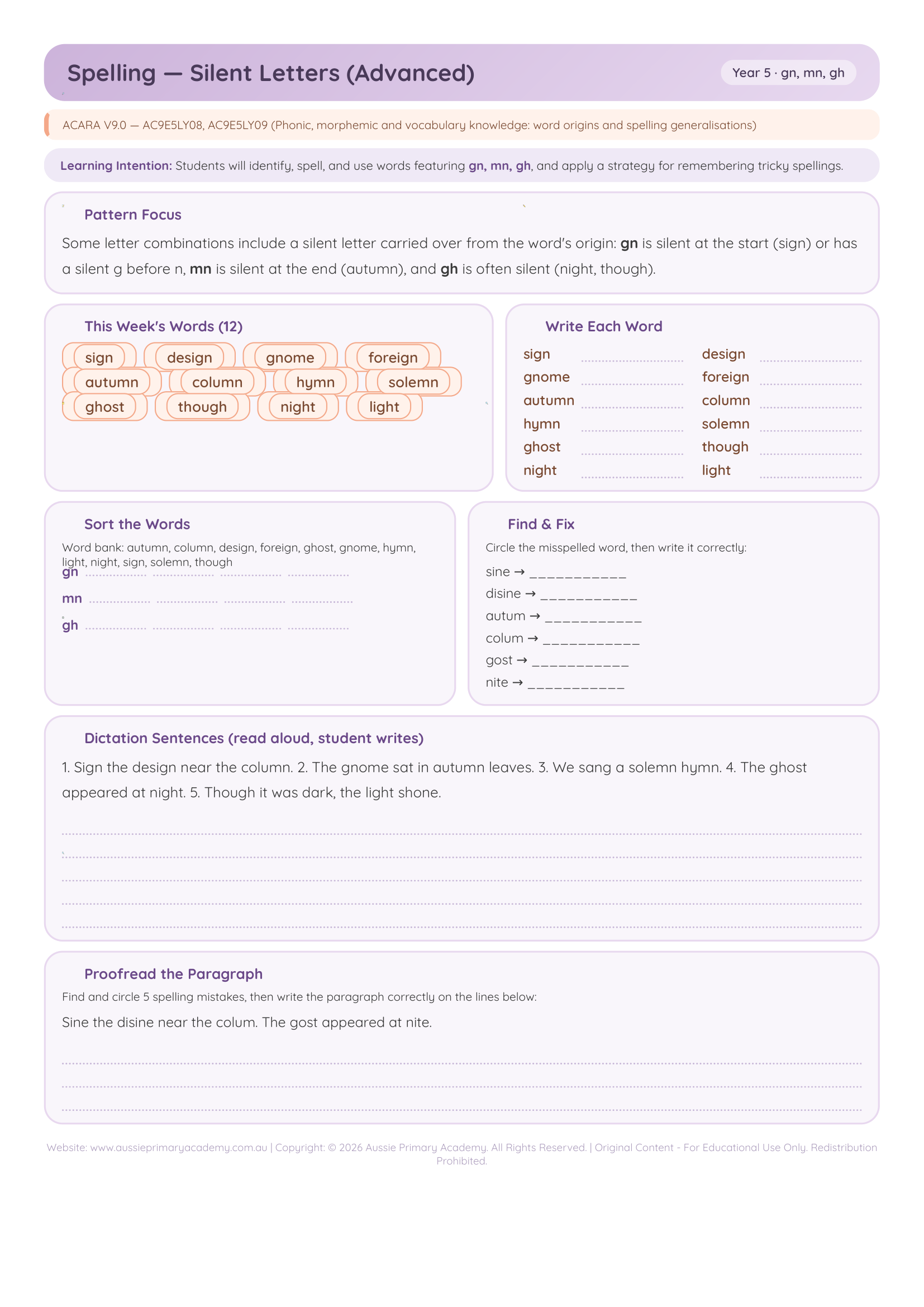 Spelling Silent Letters Advanced worksheet preview