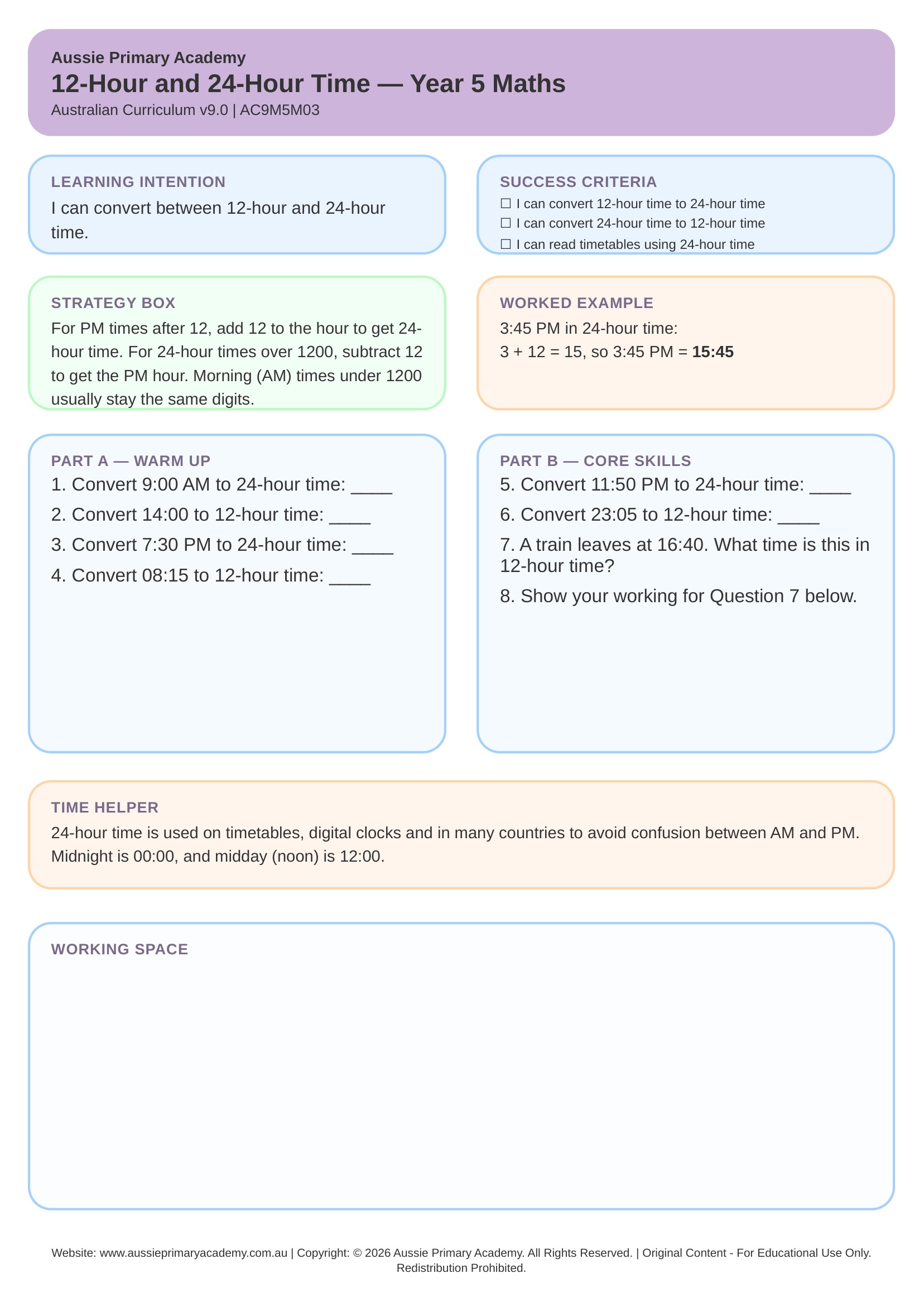 12-Hour and 24-Hour Time Year 5 Maths worksheet preview