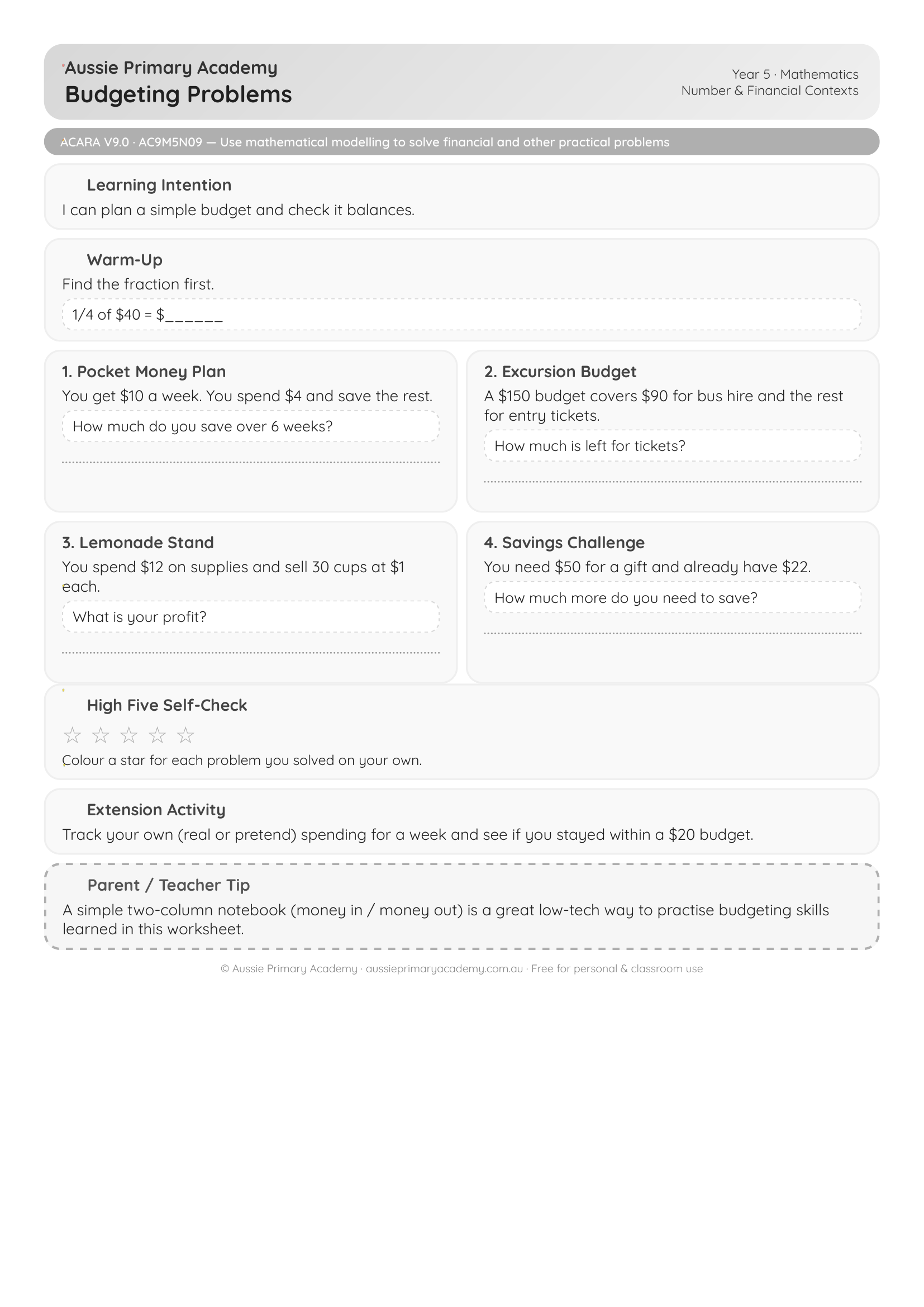 Year 5 Budgeting Problems worksheet preview