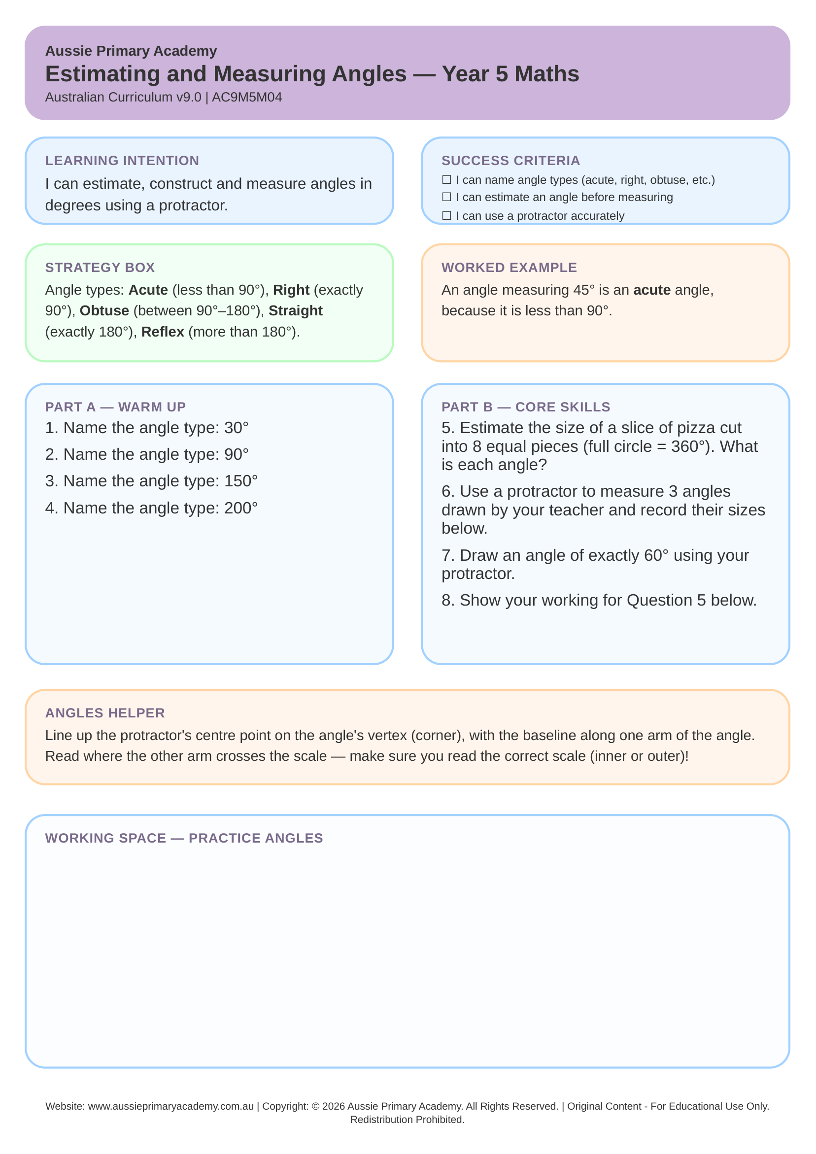 Estimating and Measuring Angles Year 5 Maths worksheet preview