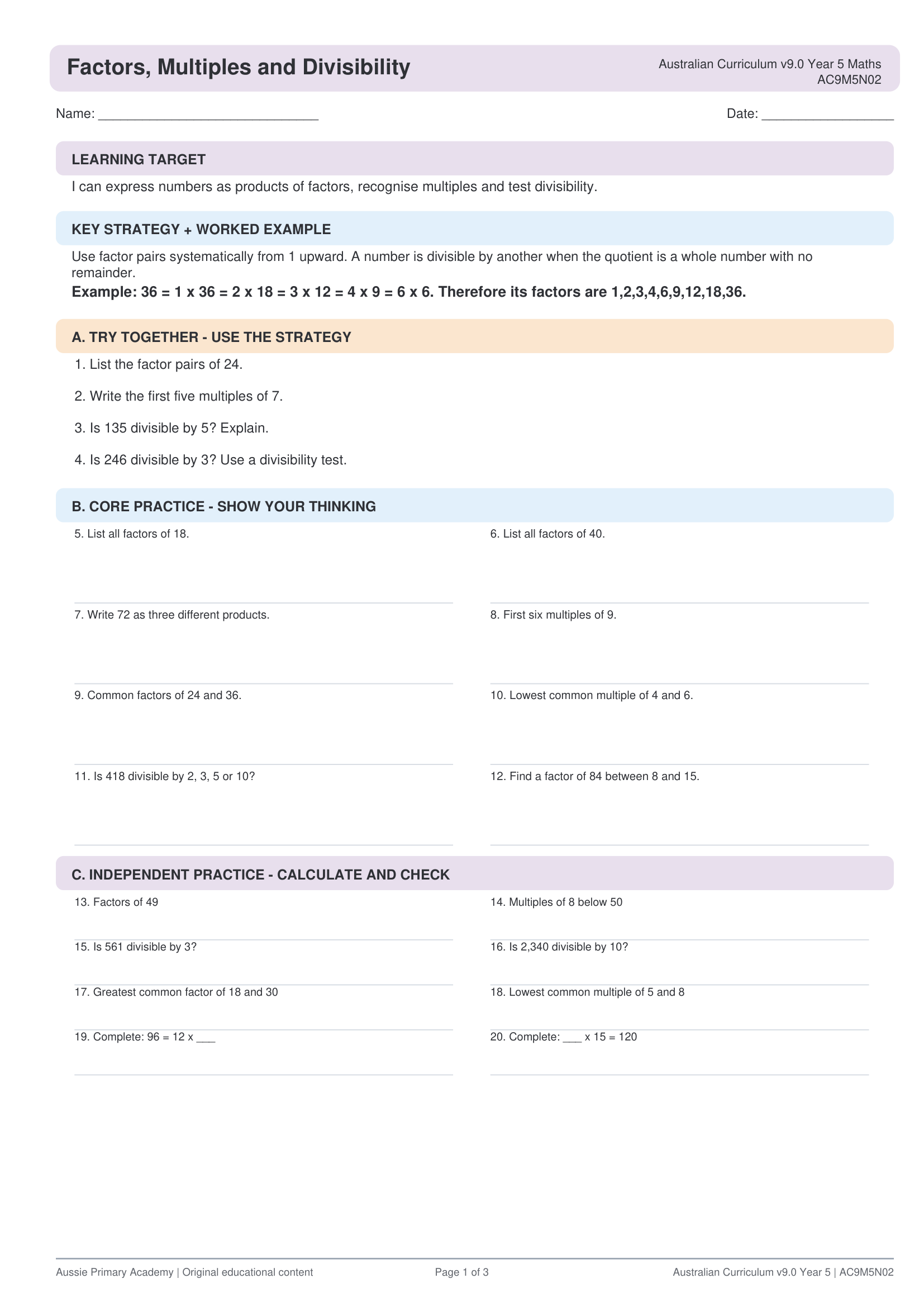 Year 5 Maths Factors Multiples Divisibility worksheet preview