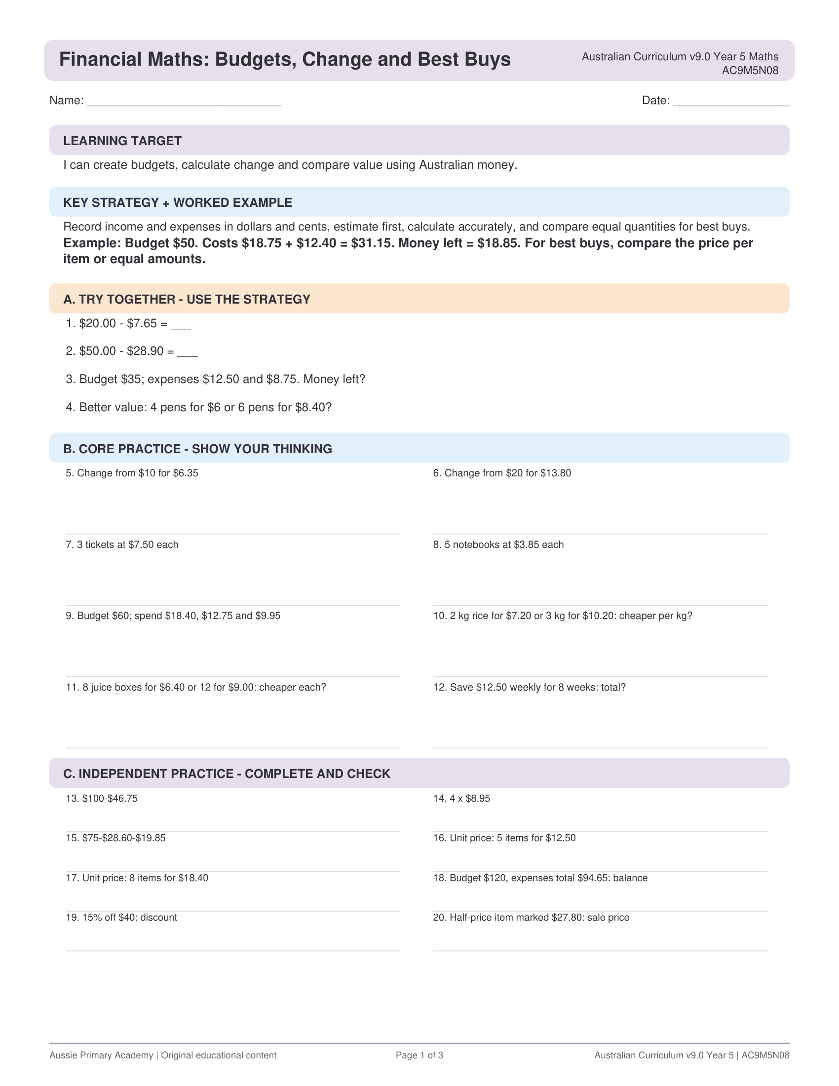 Financial Maths Budgets Change Best Buys worksheet preview